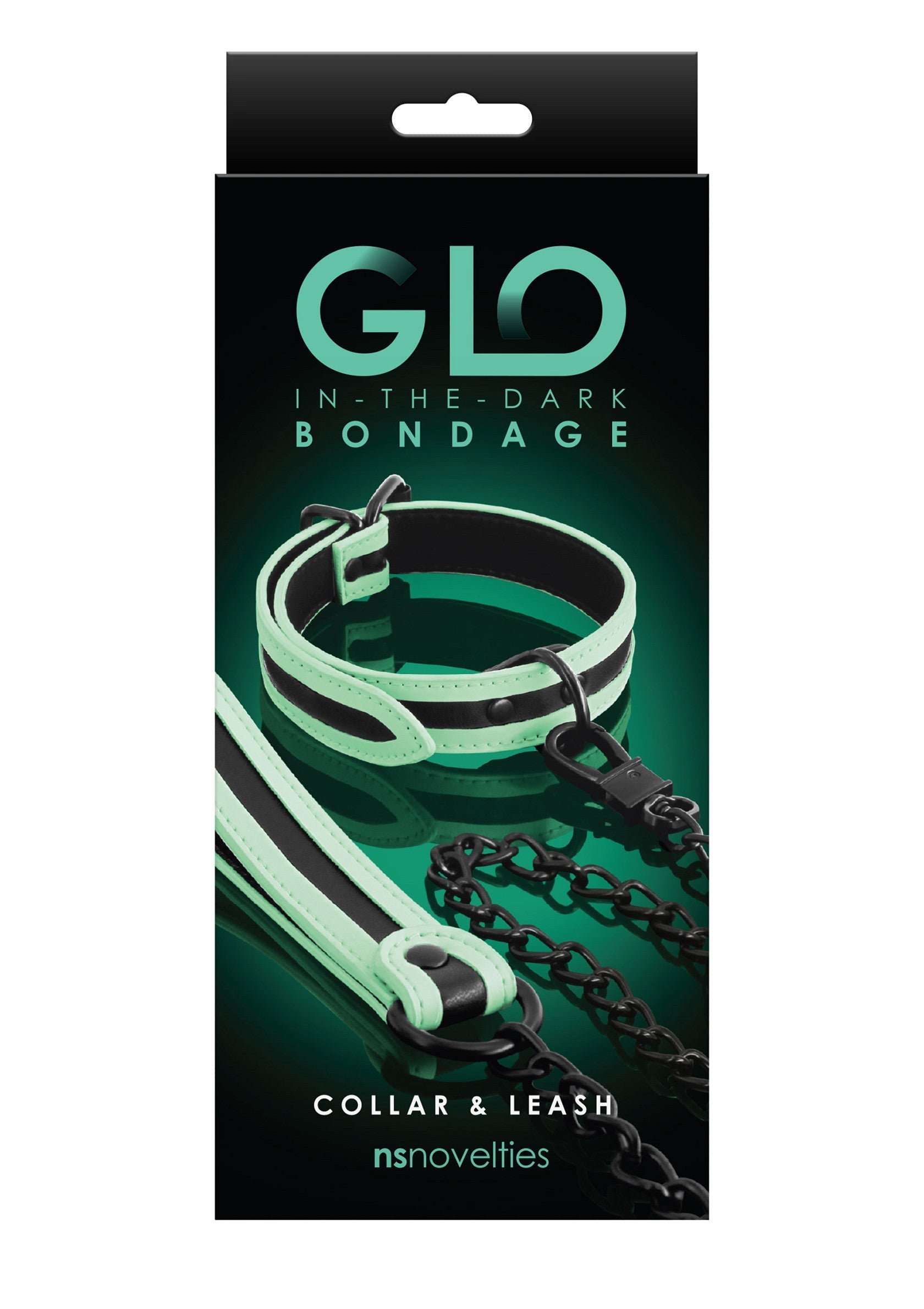 Collier et laisse GLO phosphorescents pour jeux de bondage. Illuminez vos nuits coquines! ; GLO halsband en riem set, glow in the dark bondage accessoires. Laat je stoutste dromen uitkomen!; GLO collar & leash set for bondage play, glow in the dark. Ignite your wildest dreams with GLO's Collar & Leash!