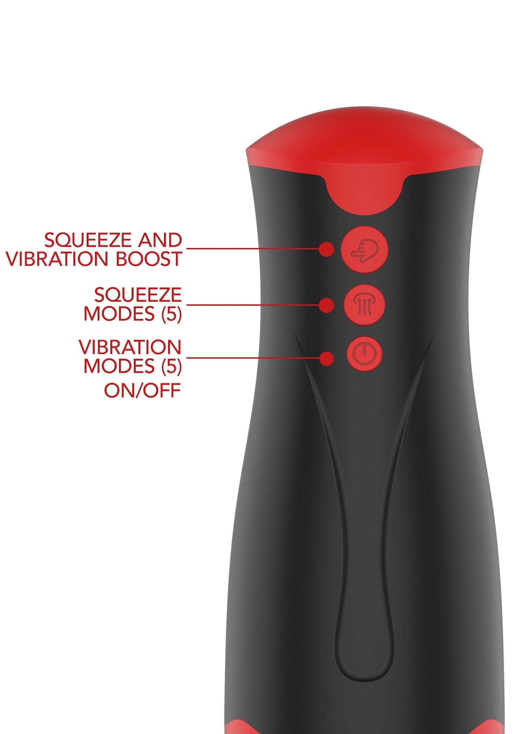 Manchon vibrant noir et rouge avec différents modes de vibration et de pression pour une stimulation intense.; Zwart en rood vibrerend speeltje met verschillende vibratie- en knijpstanden voor intense stimulatie.; Black and red vibrating sleeve with different vibration and squeeze modes for intense stimulation.