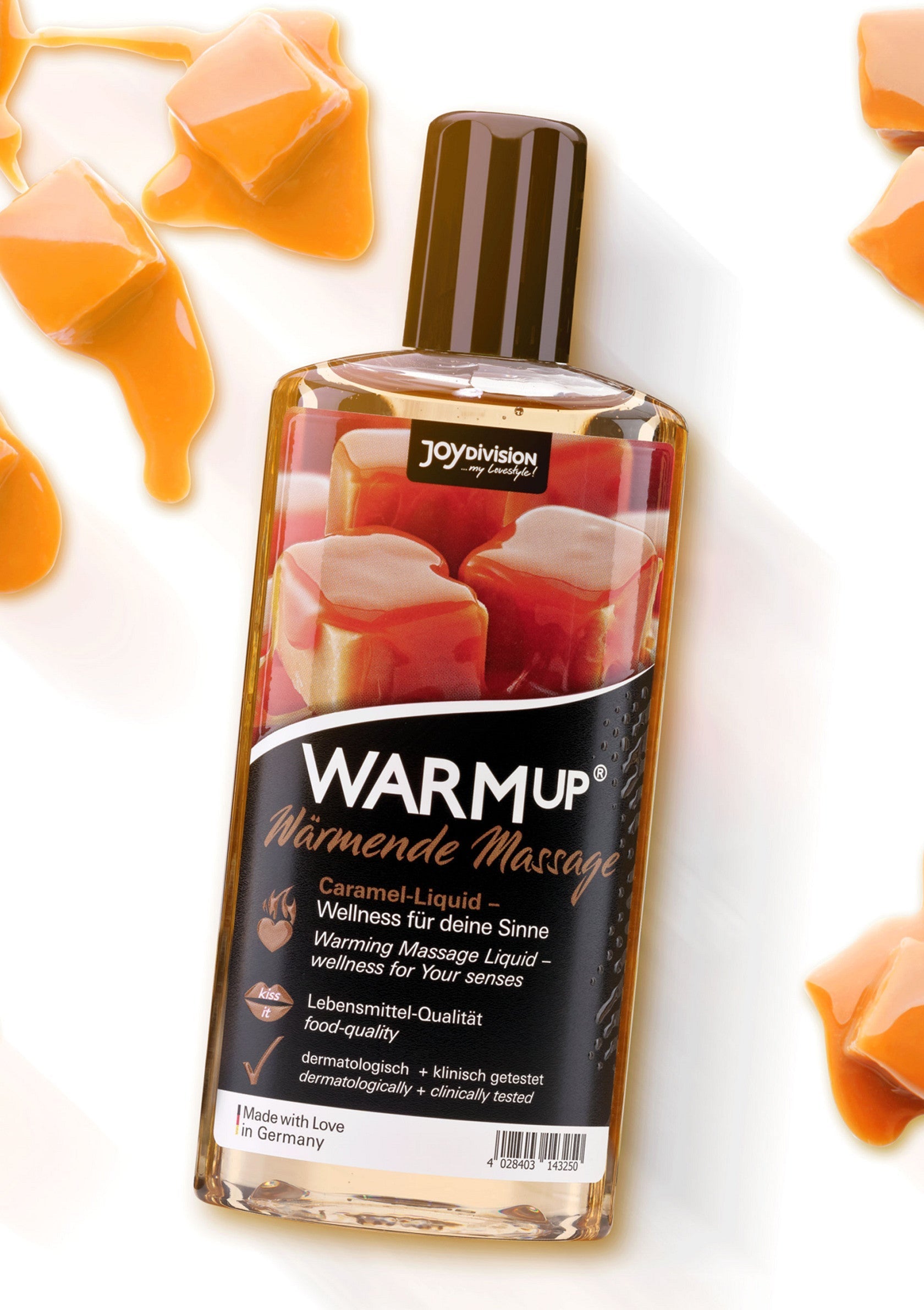 Huile de massage chauffante JoyDivision au caramel. Détente et plaisir garantis.; JoyDivision verwarmende massageolie met karamel. Ontspanning en plezier gegarandeerd.; JoyDivision warming massage oil with caramel. Relaxation and pleasure guaranteed.