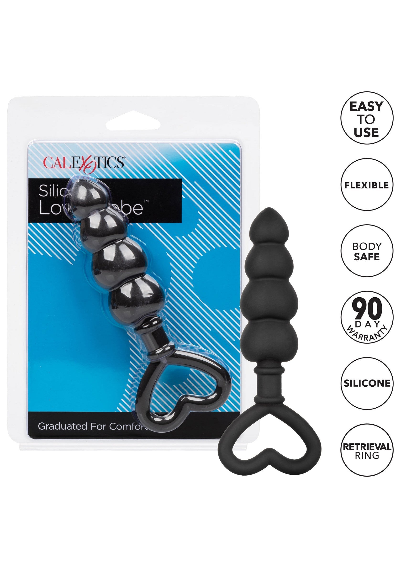 Plug anal CalExotics en silicone noir, facile à utiliser et sûr pour le corps.; CalExotics siliconen anaalplug in zwart, makkelijk te gebruiken en veilig voor het lichaam.; CalExotics silicone anal plug in black, easy to use and body safe.