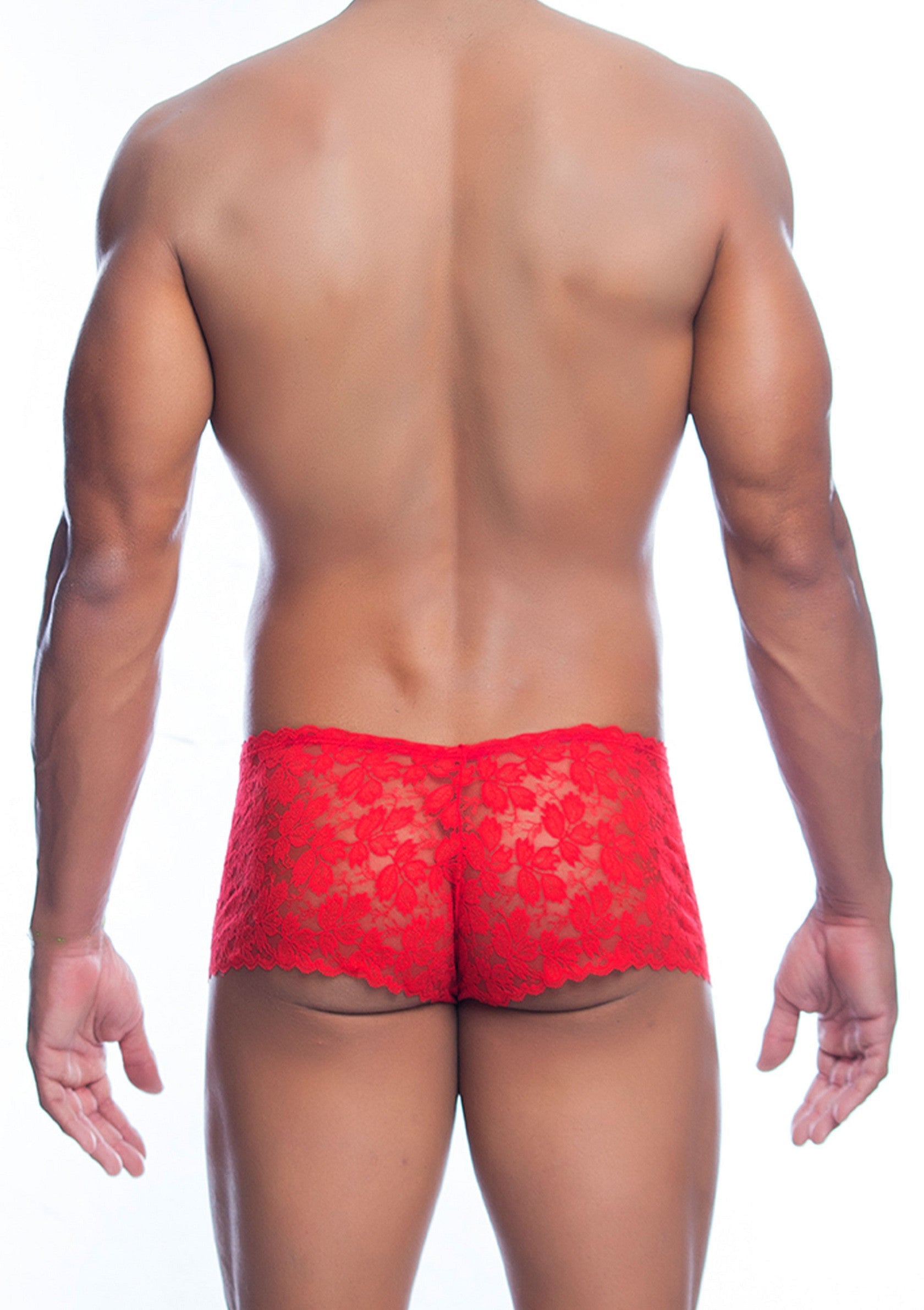 Boxer en dentelle rouge pour homme. Lingerie masculine audacieuse et confortable.; Rode kanten heren boxershort. Uitdagende en comfortabele herenlingerie.; Red lace men's boxer briefs. Daring and comfortable men's lingerie.