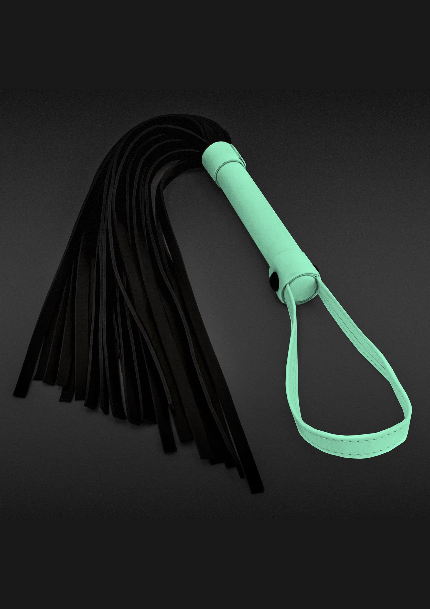 Cravache noire avec manche turquoise. Accessoire de jeux coquins.; Zwarte zweep met turquoise handvat. BDSM speeltje voor volwassenen.; Black flogger with a turquoise handle. Adult BDSM toy.