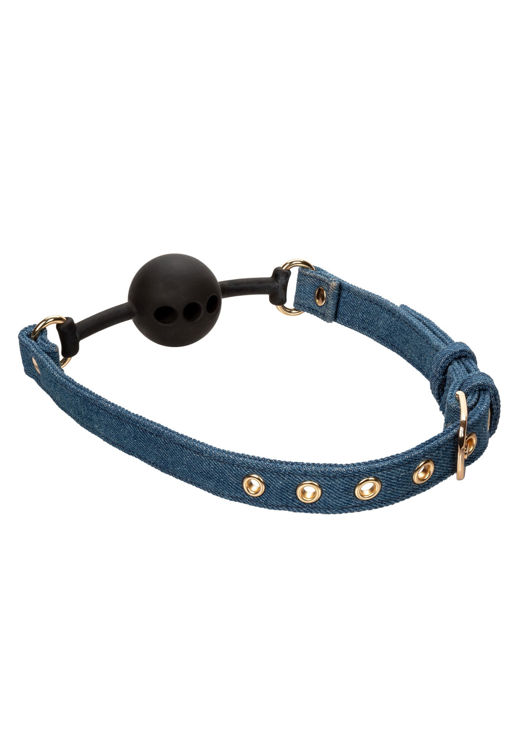 Bâillon boule en jean avec œillets dorés pour un look coquin et original.; Denim bal knevel met gouden oogjes voor een ondeugende en originele look.; Denim ball gag with gold eyelets for a naughty and original look.