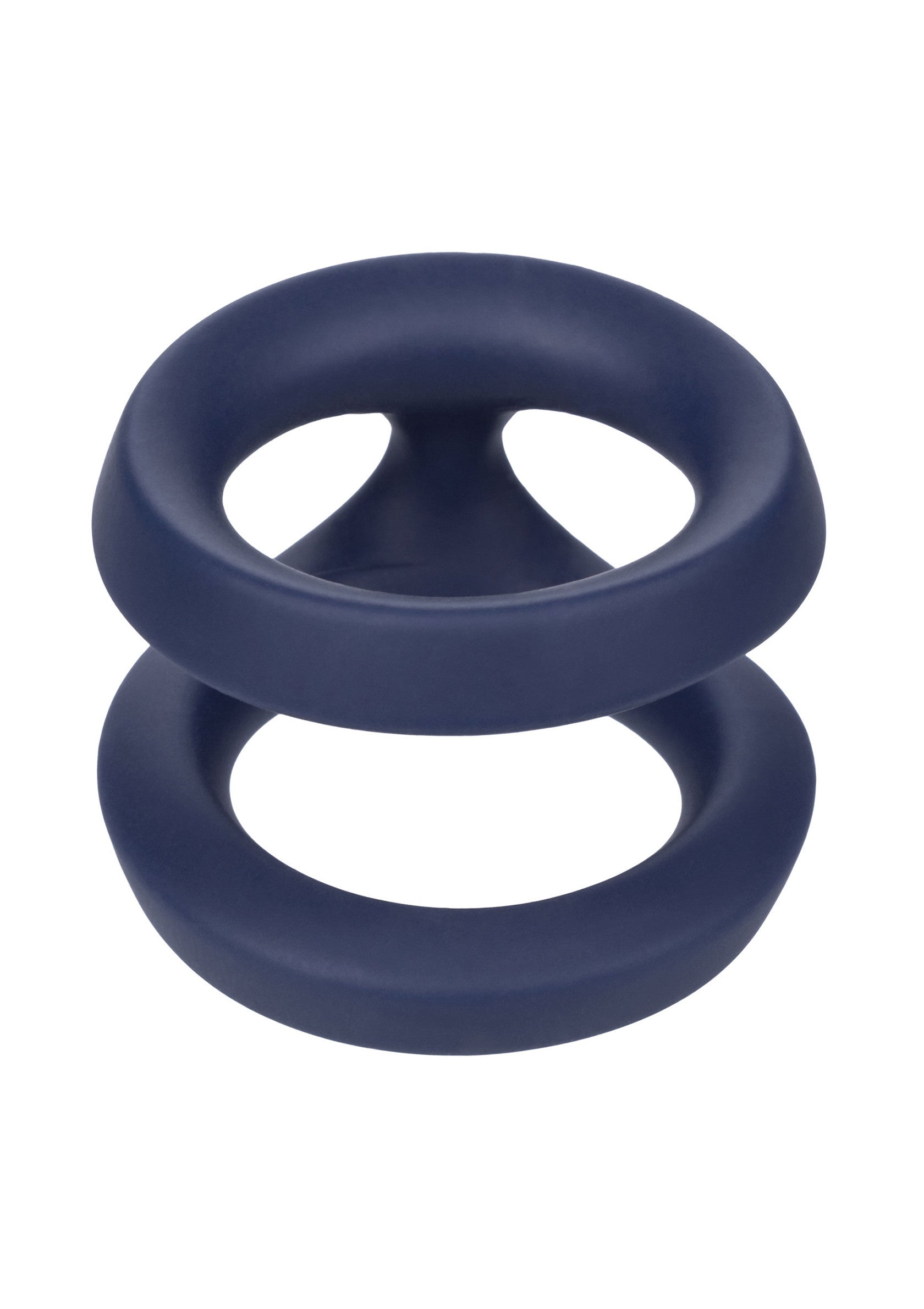 Anneau pénien double en silicone bleu marine pour une érection plus forte et plus longue.; Marineblauwe dubbele penisring van siliconen voor een sterkere en langere erectie.; Navy blue silicone double cock ring for a stronger, longer lasting erection.