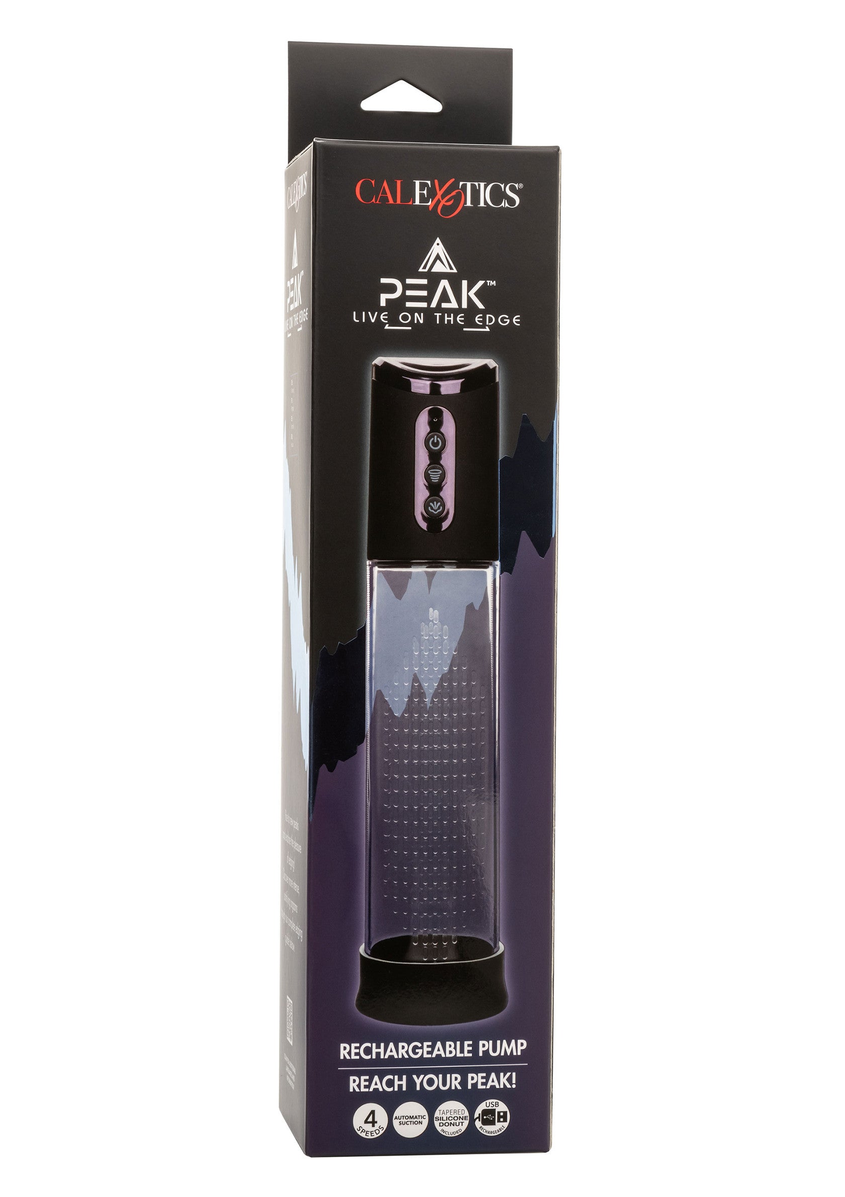 CalExotics Peak : Pompe rechargeable pour atteindre votre apogée. Confortable et efficace.; CalExotics Peak: Oplaadbare pomp om je hoogtepunt te bereiken. Comfortabel en effectief.; CalExotics Peak: Rechargeable pump to reach your peak. Comfortable and effective.