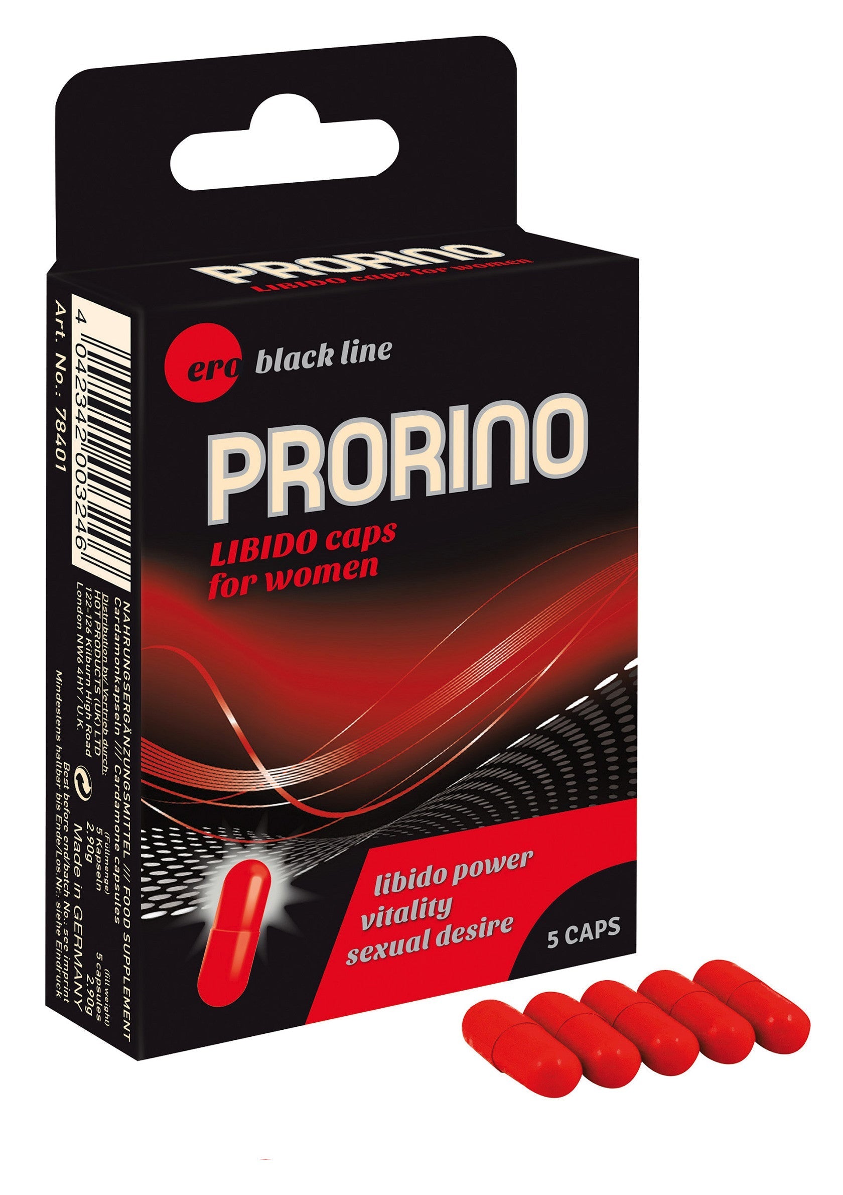 Prorino Libido caps pour femmes. Stimulant féminin pour la vitalité et le désir sexuel. 5 capsules.; Prorino Libido capsules voor vrouwen. Vrouwelijk stimulerend middel voor vitaliteit en seksueel verlangen. 5 capsules.; Prorino Libido caps for women. Female enhancement for vitality & sexual desire. 5 capsules.