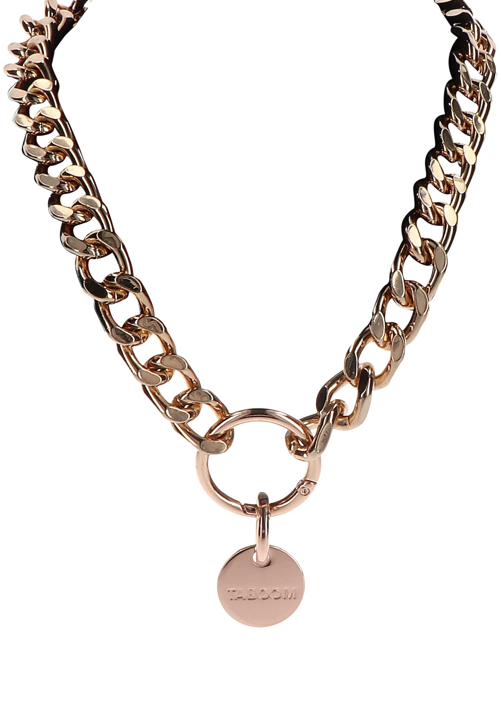 Collier chaîne rose doré avec pendentif rond 'Freedom'; Goudkleurige schakelketting met 'Freedom' hanger.; Rose gold chain necklace with 'Freedom' pendant.