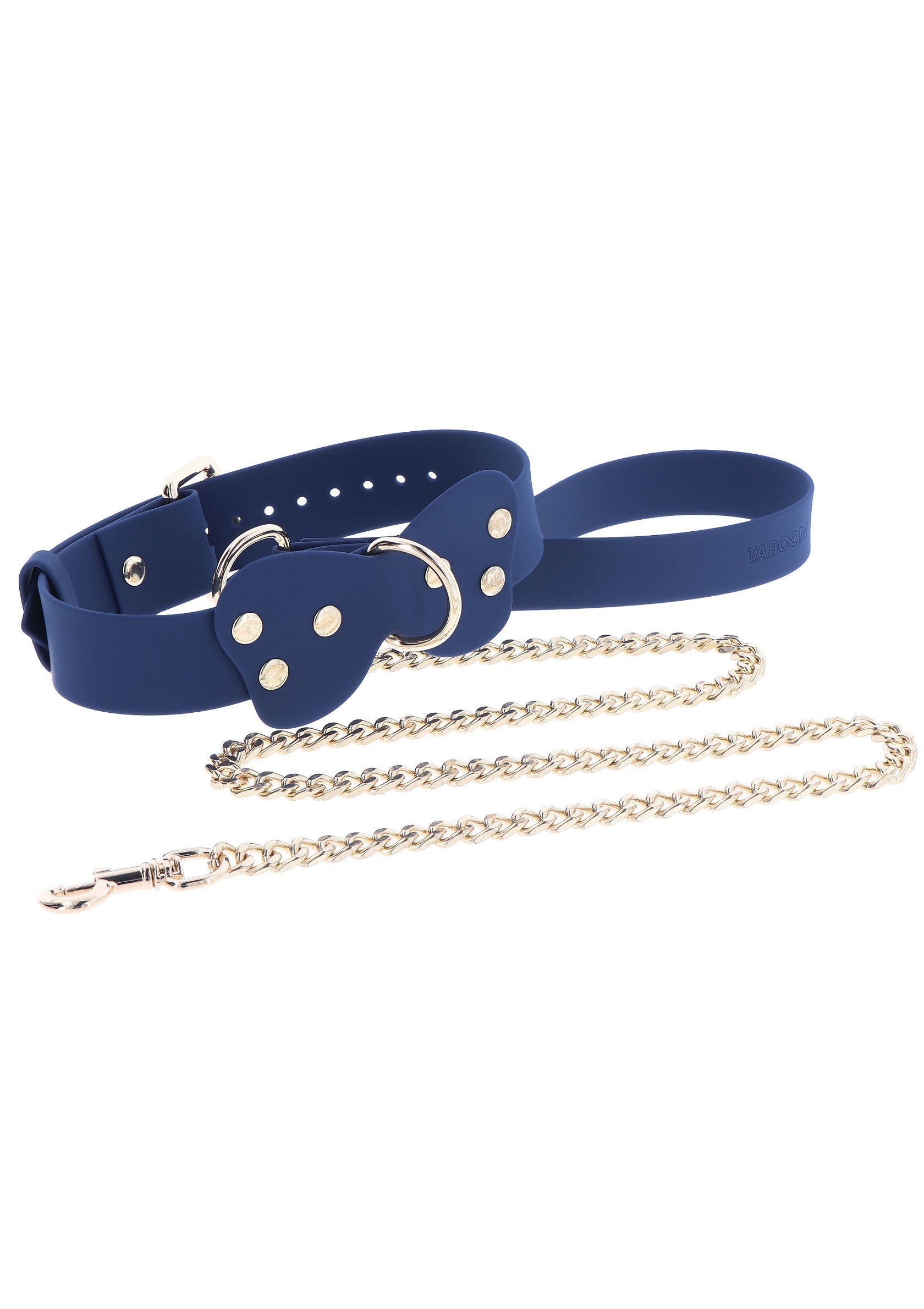 Collier bleu avec laisse à chaîne pour animal de compagnie.; Blauwe halsband met kettingriem voor huisdieren.; Blue collar with chain leash for pet.