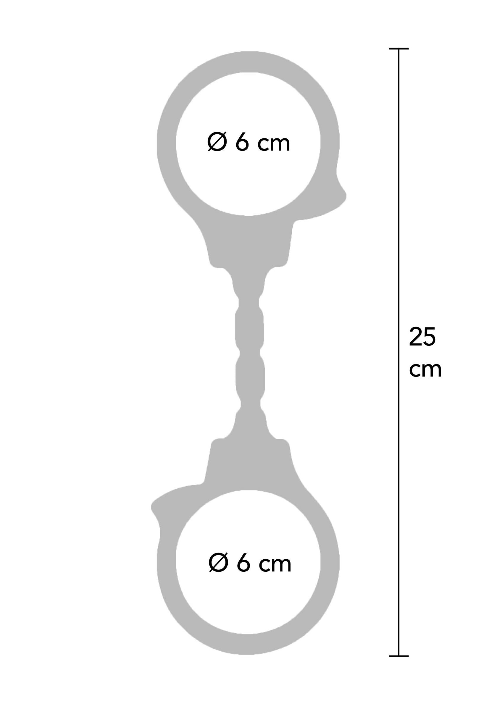 Schéma technique de menottes, indiquant un diamètre de 6cm pour les anneaux et une longueur totale de 25cm. Idéal pour vérifier la taille avant l'achat.; Technische tekening van handboeien, met een diameter van 6 cm voor de ringen en een totale lengte van 25 cm. Ideaal om de maat te controleren voor aankoop.; Technical drawing of handcuffs, showing a 6cm diameter for the rings and a total length of 25cm. Ideal for checking the size before purchase.