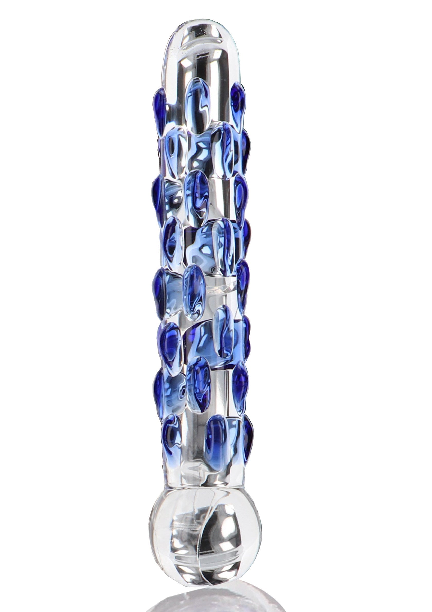 Gode en verre texturé bleu pour une stimulation intense. Découvrez le plaisir avec cet accessoire élégant.; Blauw getextureerde glazen dildo voor intense stimulatie. Ontdek het plezier met dit elegante accessoire.; Blue textured glass dildo for intense stimulation. Discover pleasure with this elegant accessory.