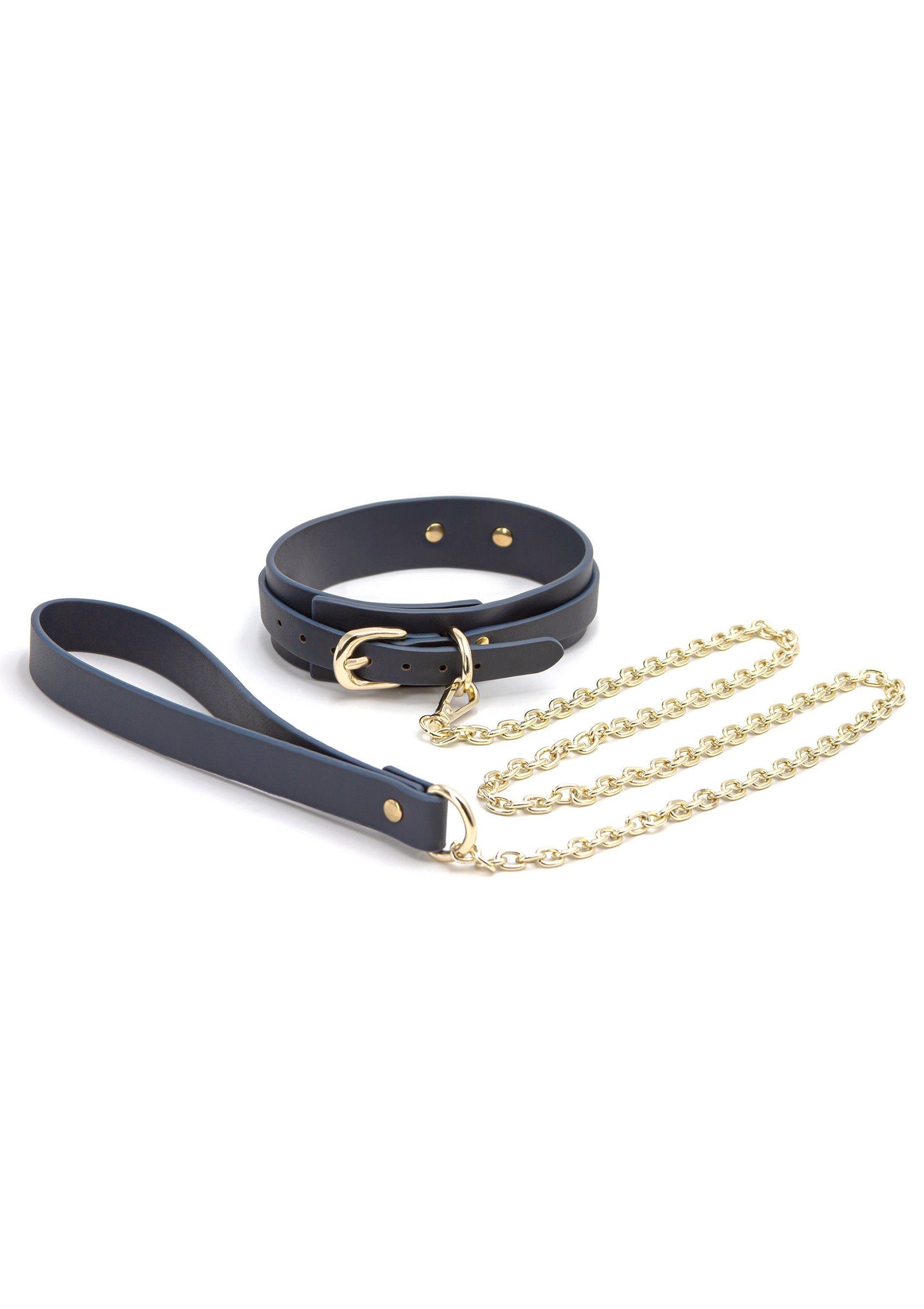 Ensemble collier et laisse bleu marine avec chaîne dorée pour un look élégant et audacieux.; Marineblauwe halsband en riem set met gouden ketting voor een stijlvolle en gedurfde look.; Navy blue collar and leash set with gold chain for a stylish and bold look.