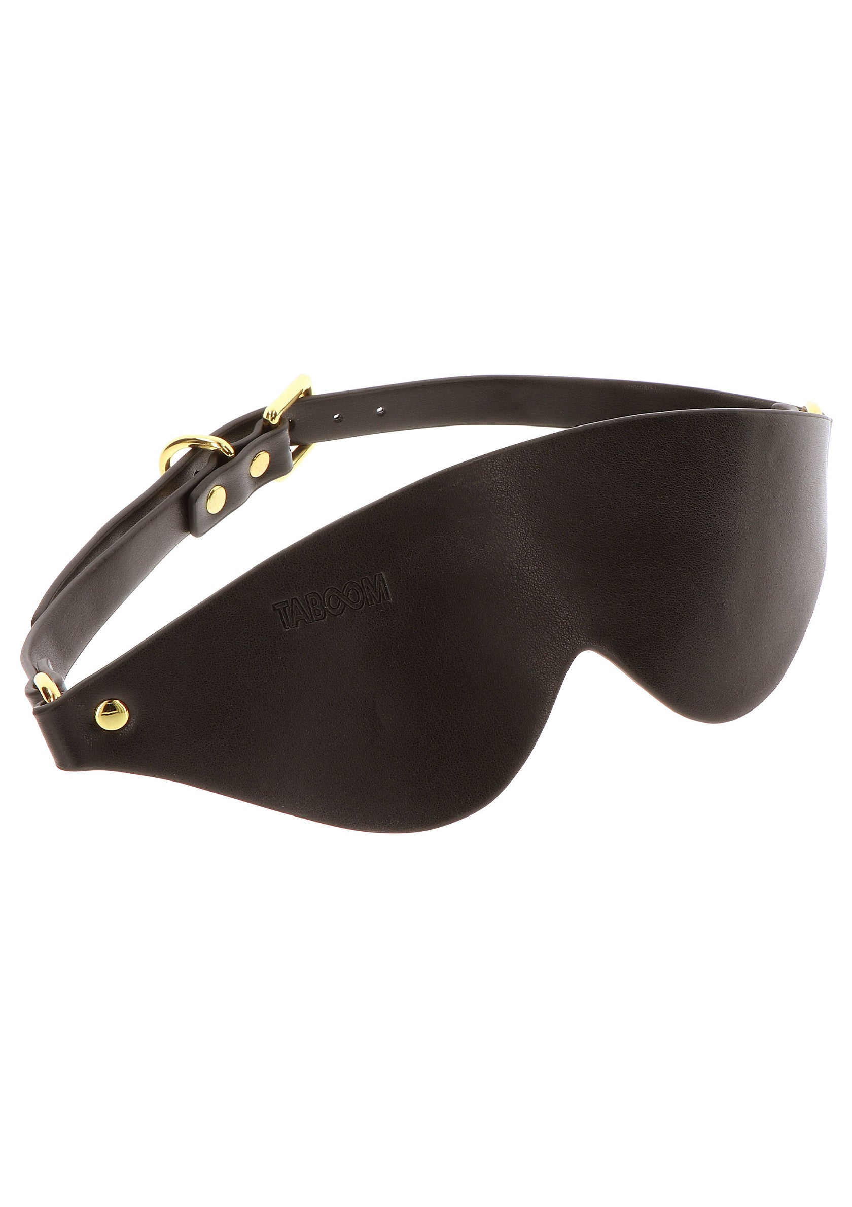 Masque pour les yeux en cuir noir avec boucle dorée; Zwarte leren blinddoek met gouden gesp; Black leather blindfold with gold buckle