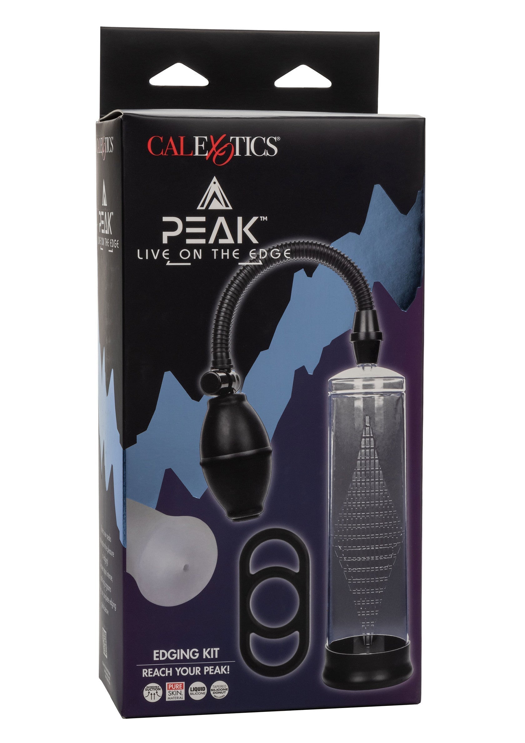 Kit d'excitation CalExotics Peak. Pour le plaisir masculin ultime et une expérience intense.; CalExotics Peak opwindset. Voor ultiem mannelijk genot en een intense ervaring.; CalExotics Peak edging kit. For ultimate male pleasure and an intense experience.