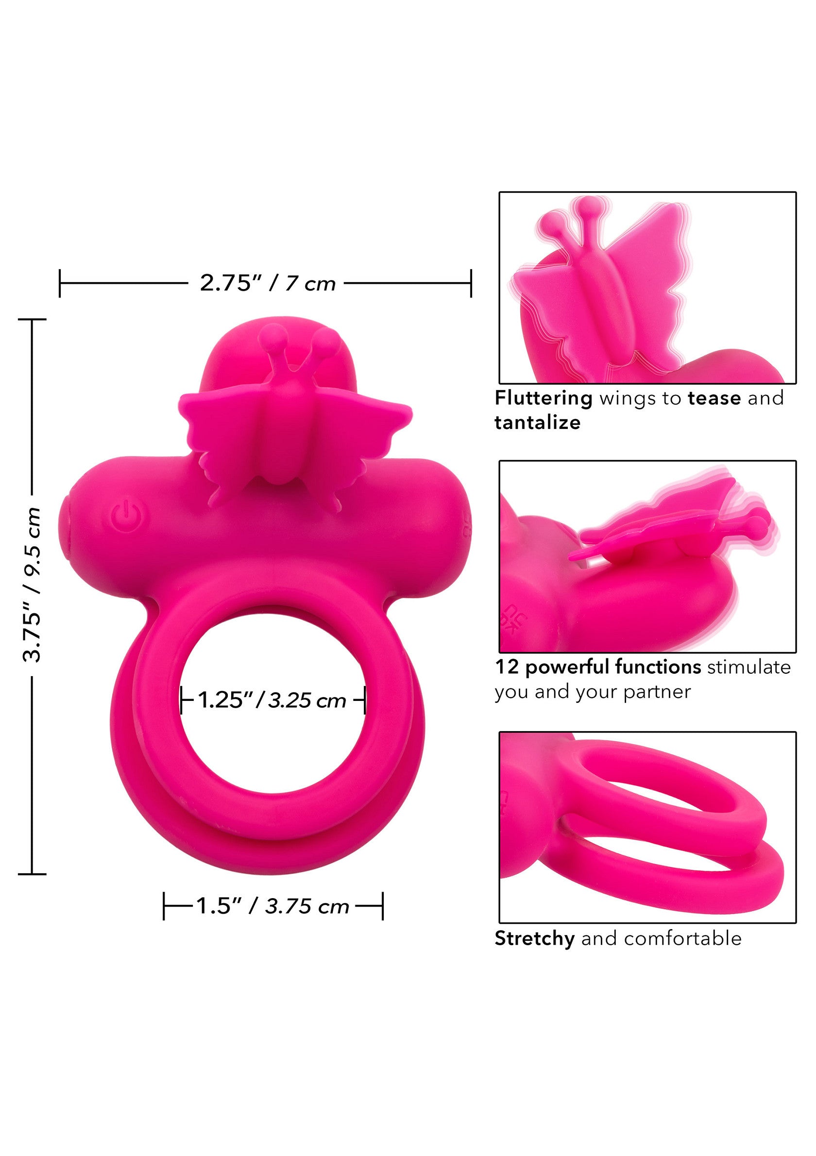 Anneau vibrant rose avec papillon pour couple, offrant plaisir et stimulation. Extensible et confortable.; Roze vibrerende ring met vlinder voor koppels, biedt plezier en stimulatie. Rekbaar en comfortabel.; Pink vibrating cock ring with butterfly for couples, offering pleasure and stimulation. Stretchy and comfortable.