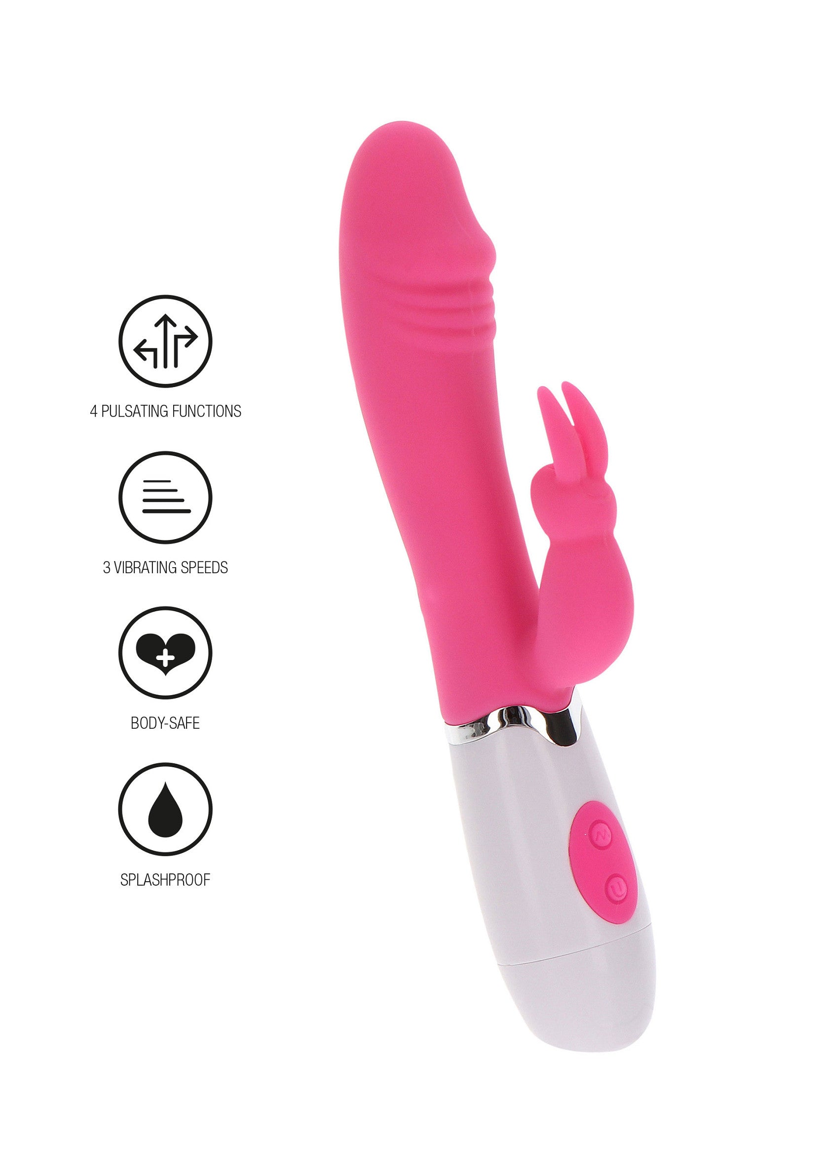 Vibromasseur rose avec motif lapin, 4 modes de pulsation et 3 vitesses. Étanche et sûr pour le corps.; Roze vibrator met konijnenmotief, 4 pulserende functies en 3 snelheden. Spatwaterdicht en veilig voor het lichaam.; Pink vibrator with bunny design, 4 pulsating functions & 3 speeds. Splashproof and body-safe.