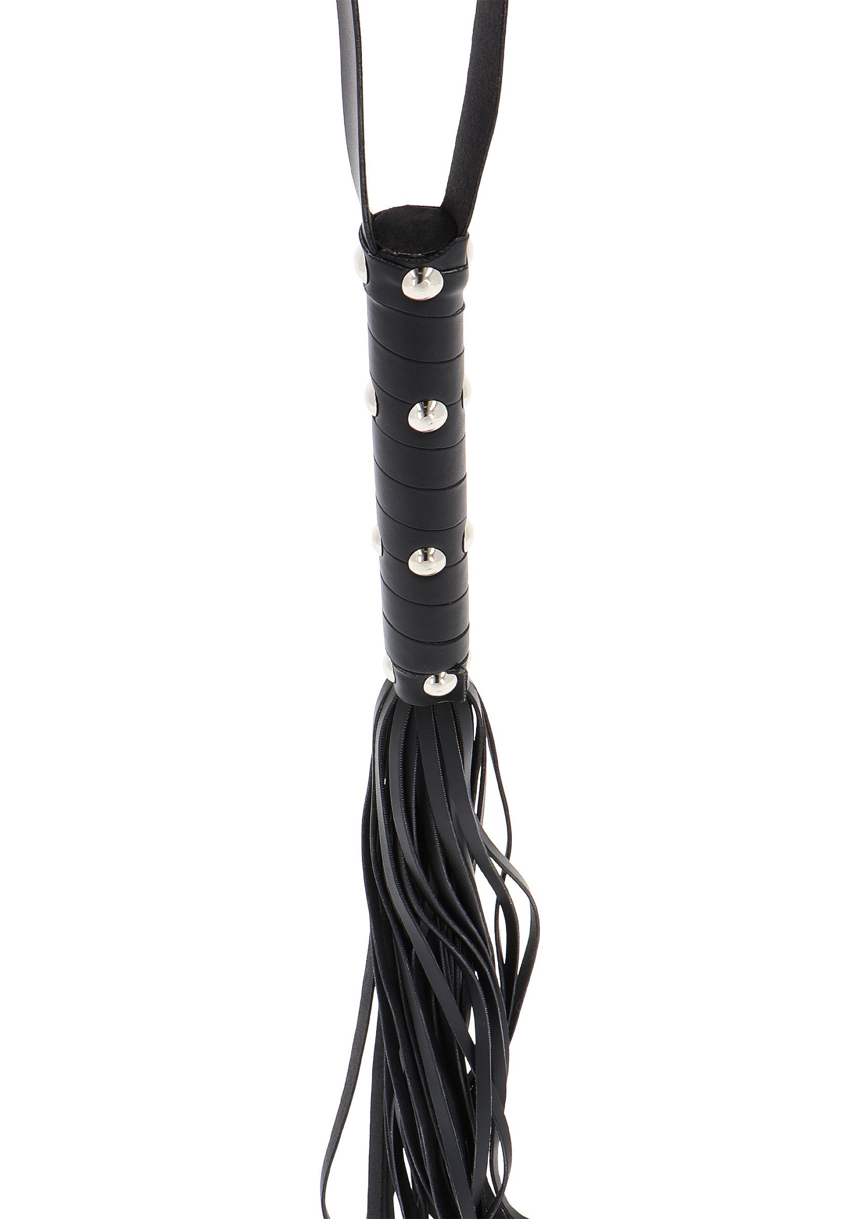 Cravache noire cloutée en cuir véritable. Accessoire de jeu coquin pour adultes, idéal pour pimenter vos soirées.; Zwarte leren zweep met studs. Een speels accessoire voor volwassenen, perfect om je avonden mee op te fleuren.; Black leather flogger with studs. A playful adult accessory, perfect to spice up your evenings.
