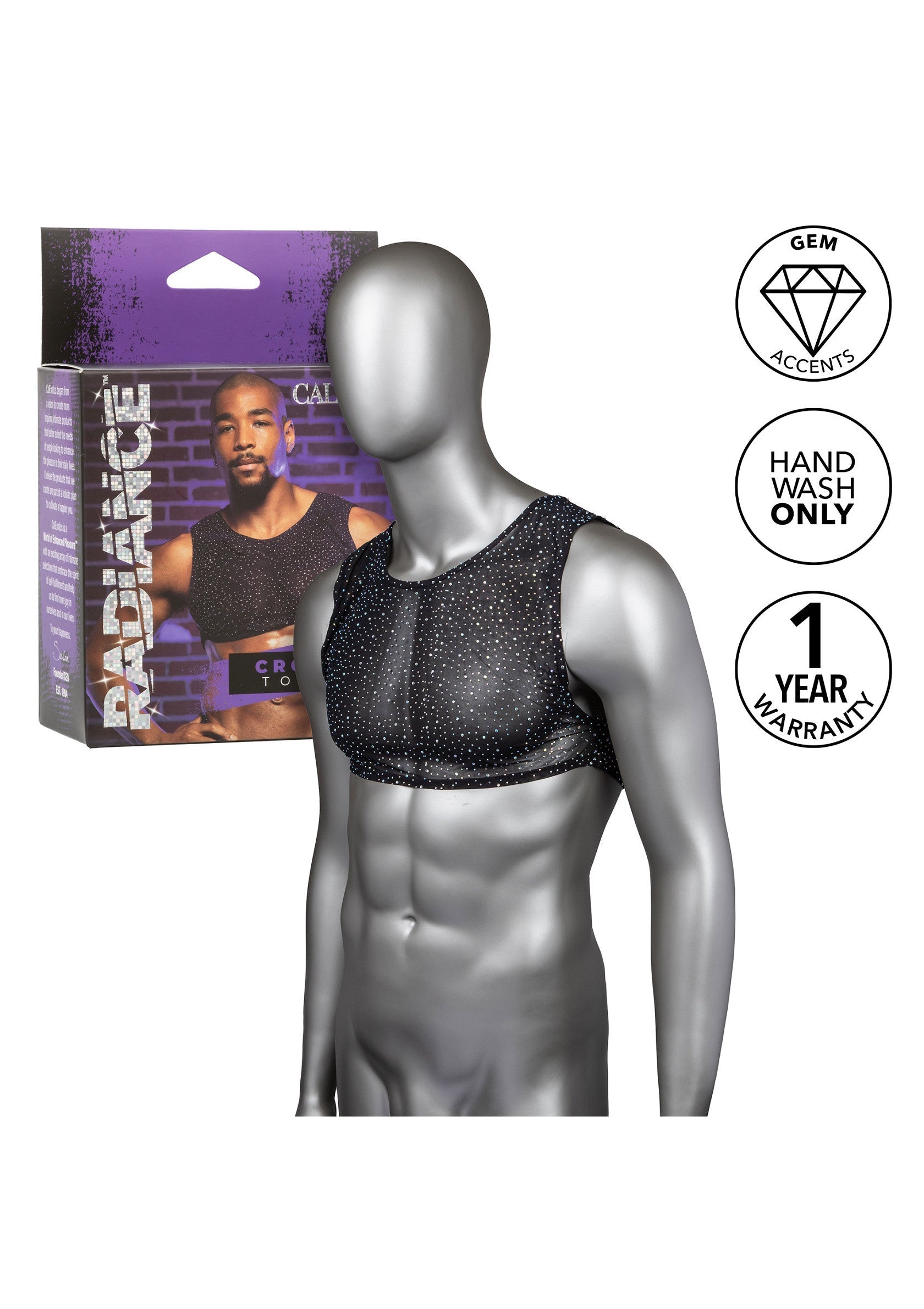 Haut court résille scintillant pour homme. Lingerie masculine, look audacieux et moderne. Garantie 1 an.; Glitterende mesh crop top voor heren. Mannenlingerie, gedurfde en moderne look. 1 jaar garantie.; Sparkly mesh crop top for men. Men's lingerie, bold and modern look. 1 year warranty.