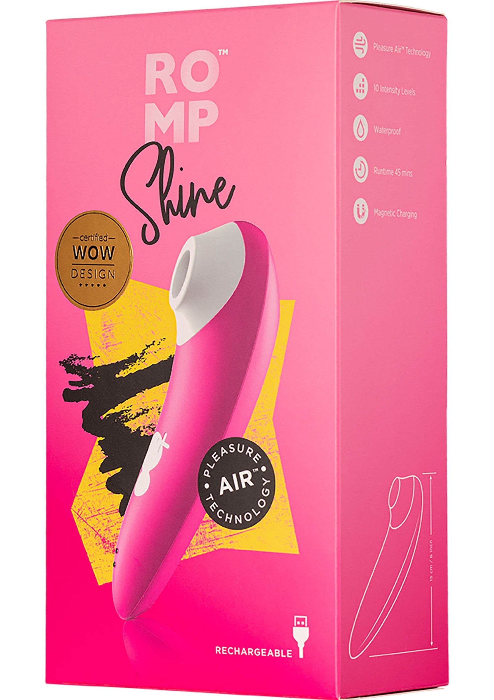 ROMp Shine, stimulateur clitoridien rose, technologie Pleasure Air, rechargeable et étanche. Design WOW.; ROMp Shine, roze clitorisstimulator, Pleasure Air-technologie, oplaadbaar en waterdicht. WOW design.; ROMp Shine, pink clitoral stimulator, Pleasure Air Technology, rechargeable and waterproof. WOW design.