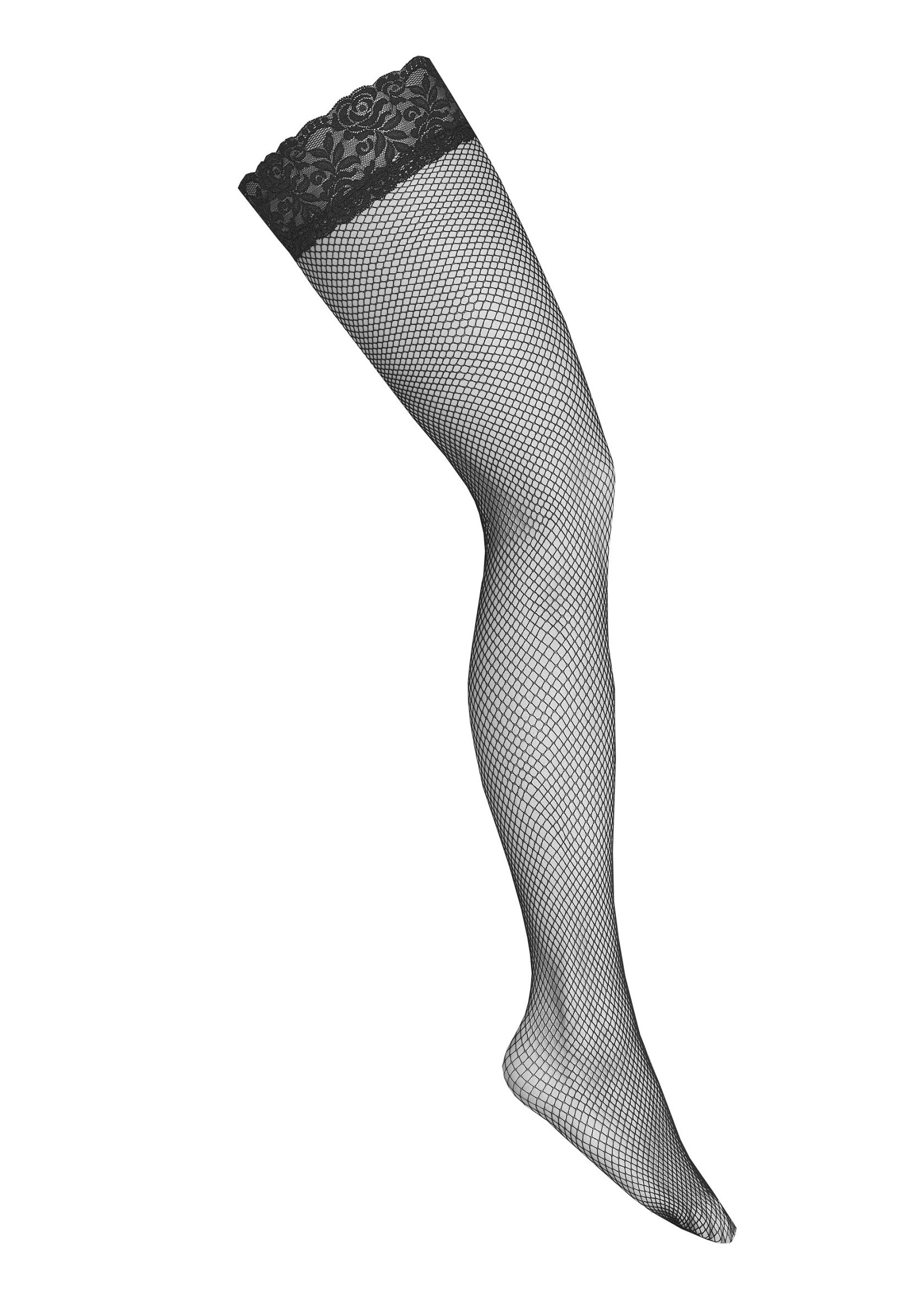 Bas résille noirs avec bordure en dentelle pour une touche sexy et élégante.; Zwarte visnetkousen met kanten rand voor een sexy en elegante touch.; Black fishnet stockings with lace trim for a sexy and elegant touch.
