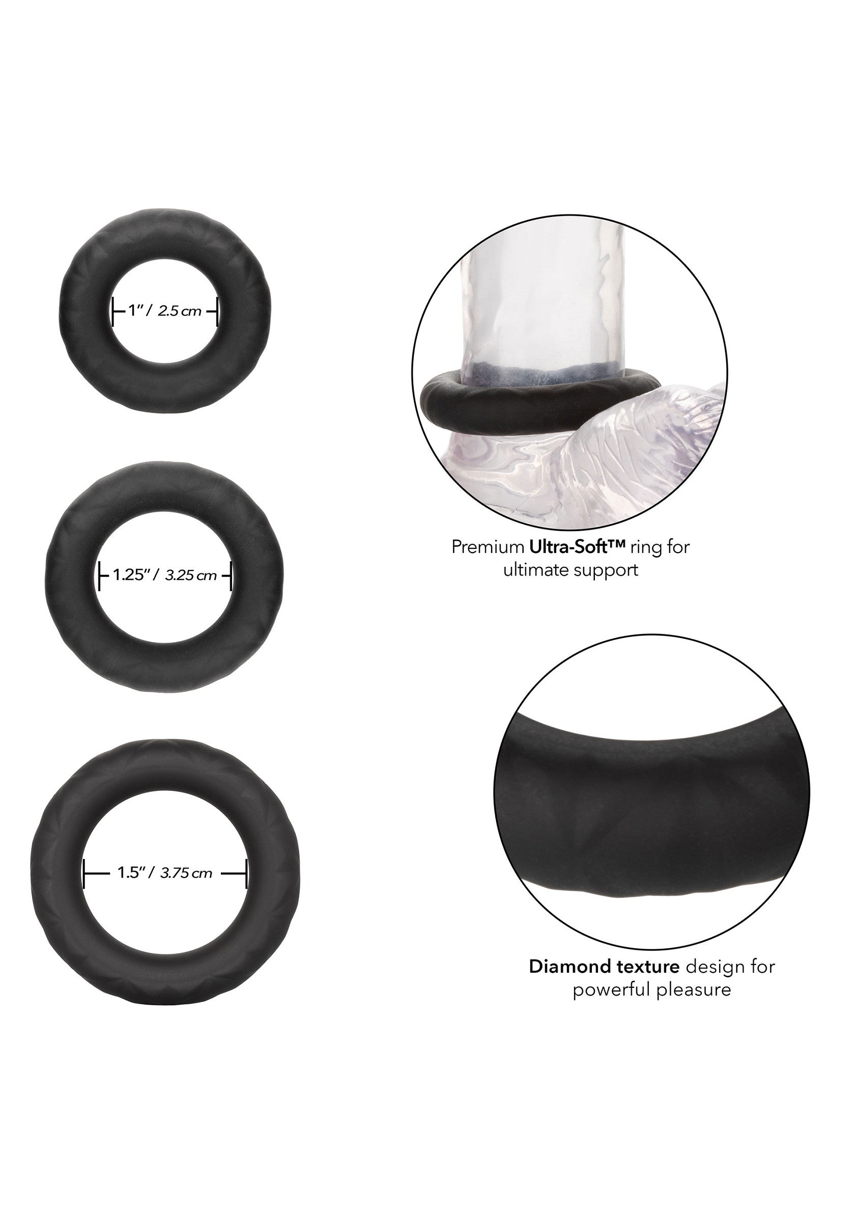 Anneaux péniens texturés pour un plaisir intense et un soutien ultime. Différentes tailles disponibles.; Getextureerde penisringen voor intens genot & ultieme ondersteuning. Verschillende maten beschikbaar.; Textured cock rings for intense pleasure & ultimate support. Different sizes available.