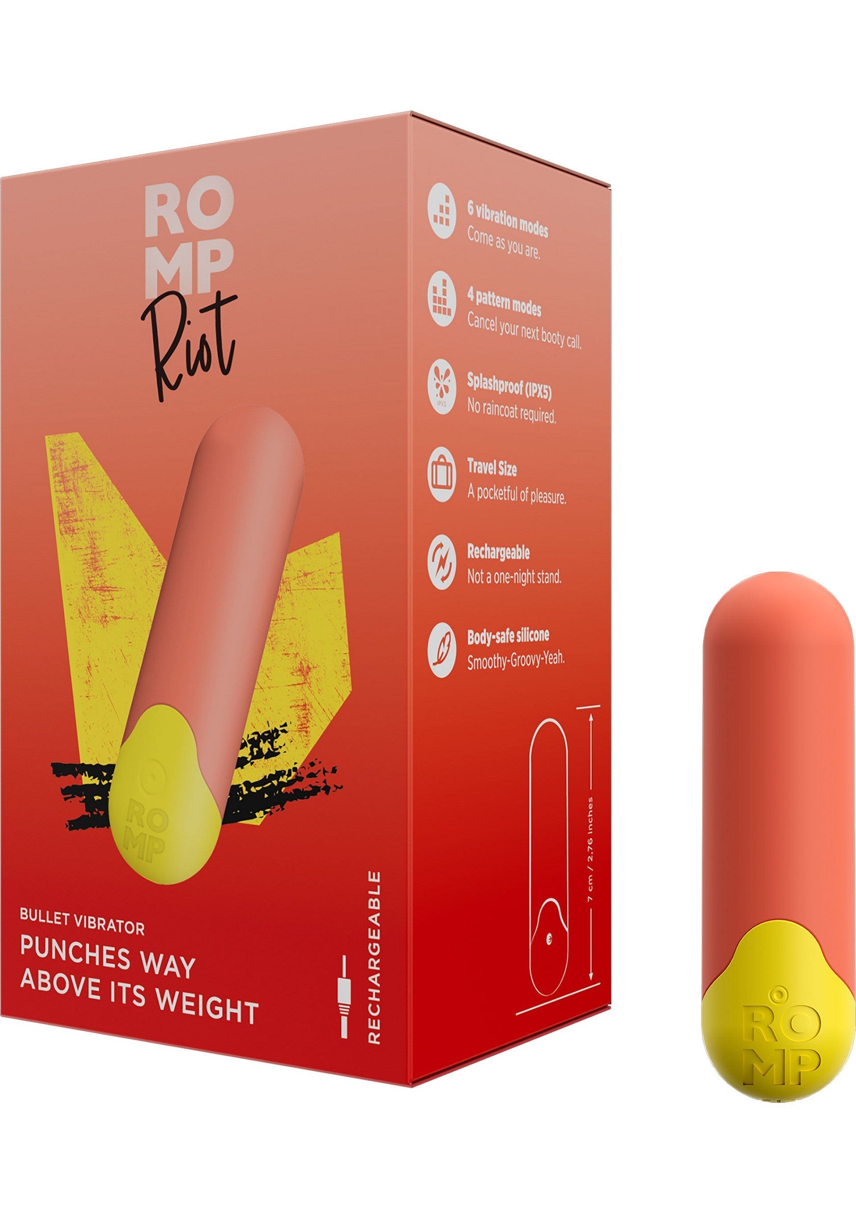 Vibromasseur Romp Riot. Un vibromasseur vibrant rechargeable avec plusieurs modes et motifs.; Romp Riot vibrator. Een oplaadbare, vibrerende bullet vibrator met meerdere standen en patronen.; Romp Riot vibrator. A rechargeable, vibrating bullet vibrator with multiple modes and patterns.