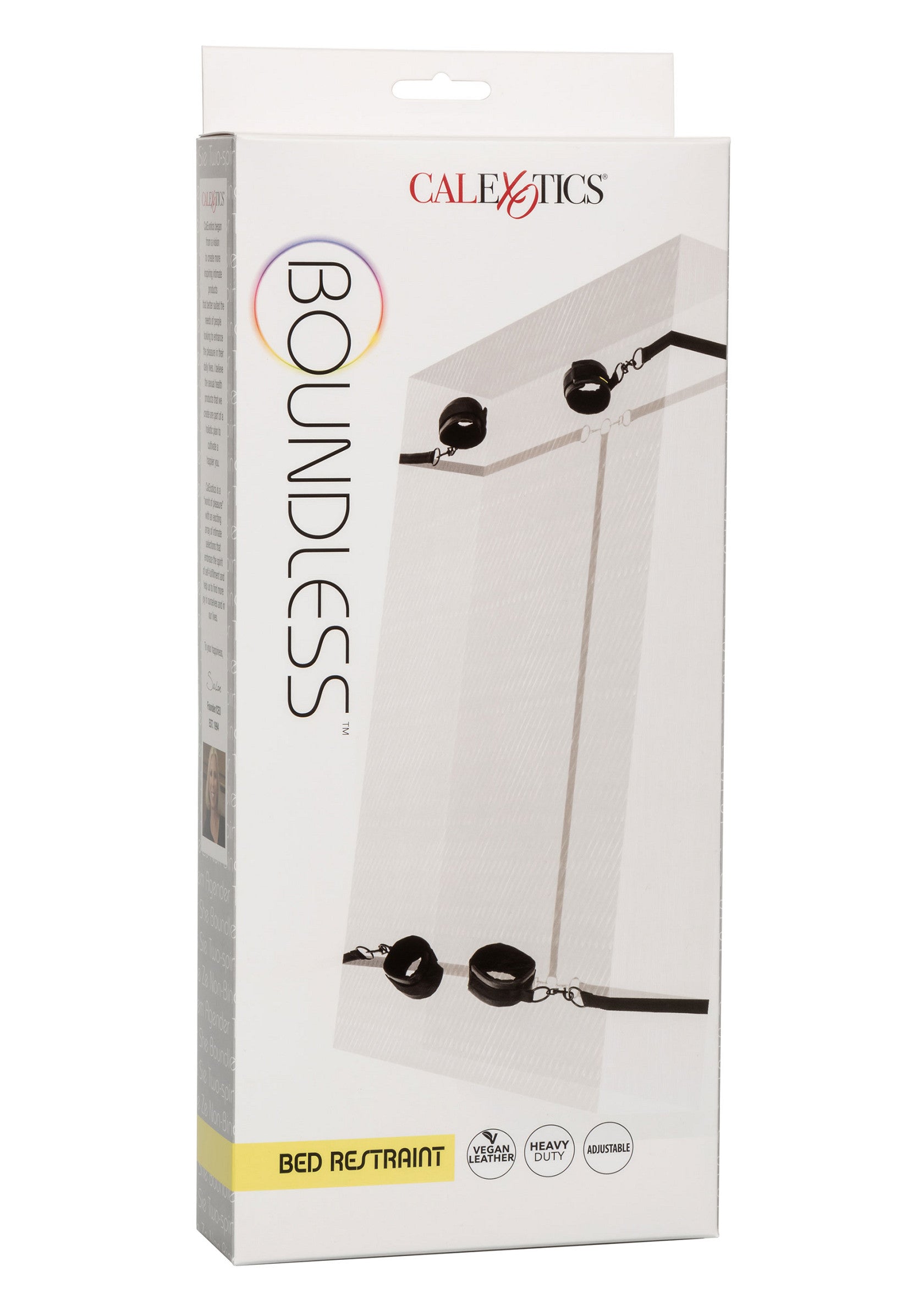 CalExotics Boundless : kit de contention de lit pour des jeux coquins et passionnés.; CalExotics Boundless: bed restraint kit voor ondeugende en gepassioneerde spelletjes.; CalExotics Boundless: bed restraint kit for kinky and passionate games.
