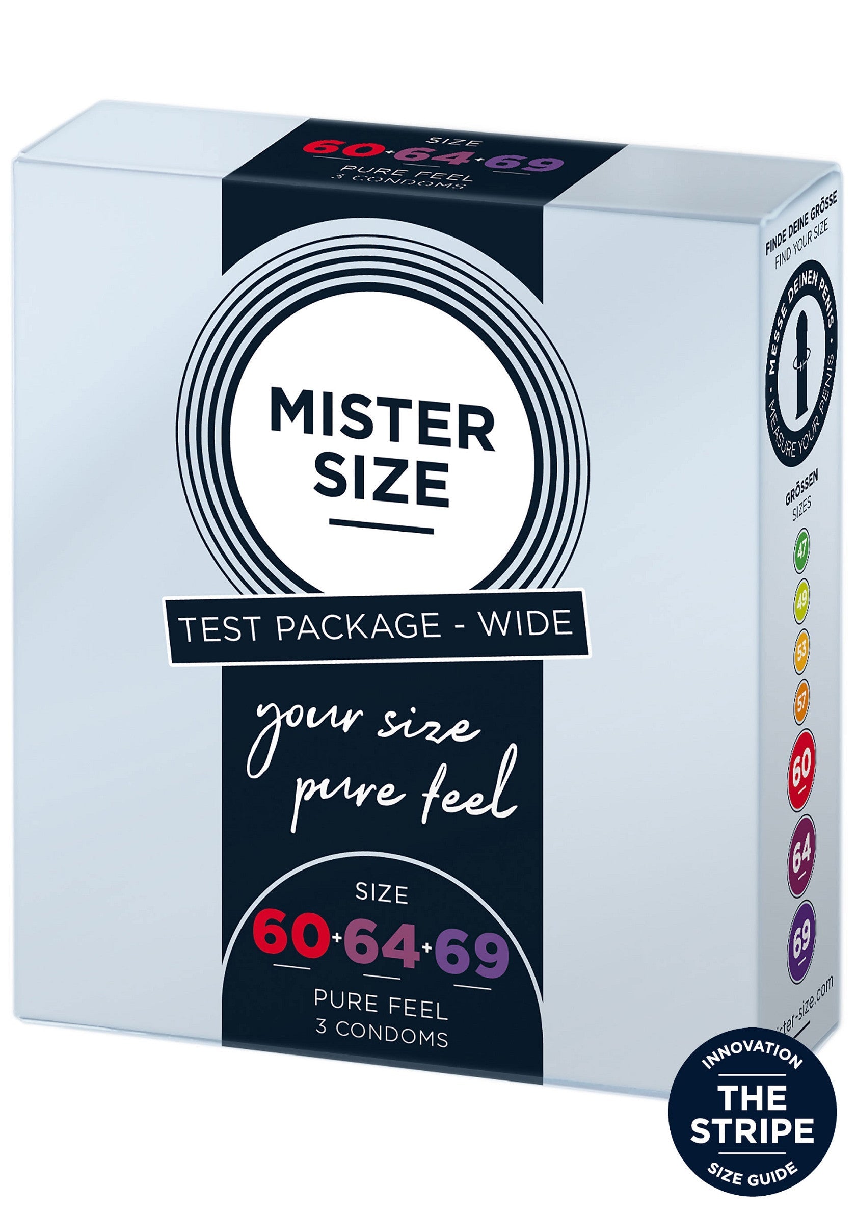 Préservatifs Mister Size, pack découverte tailles larges (60-69mm). Trouvez la taille idéale pour un confort optimal et un plaisir garanti.; Mister Size condooms, testpakket brede maten (60-69mm). Vind de perfecte maat voor optimaal comfort en plezier.; Mister Size condoms, wide size test pack (60-69mm). Find your perfect fit for optimal comfort and guaranteed pleasure.