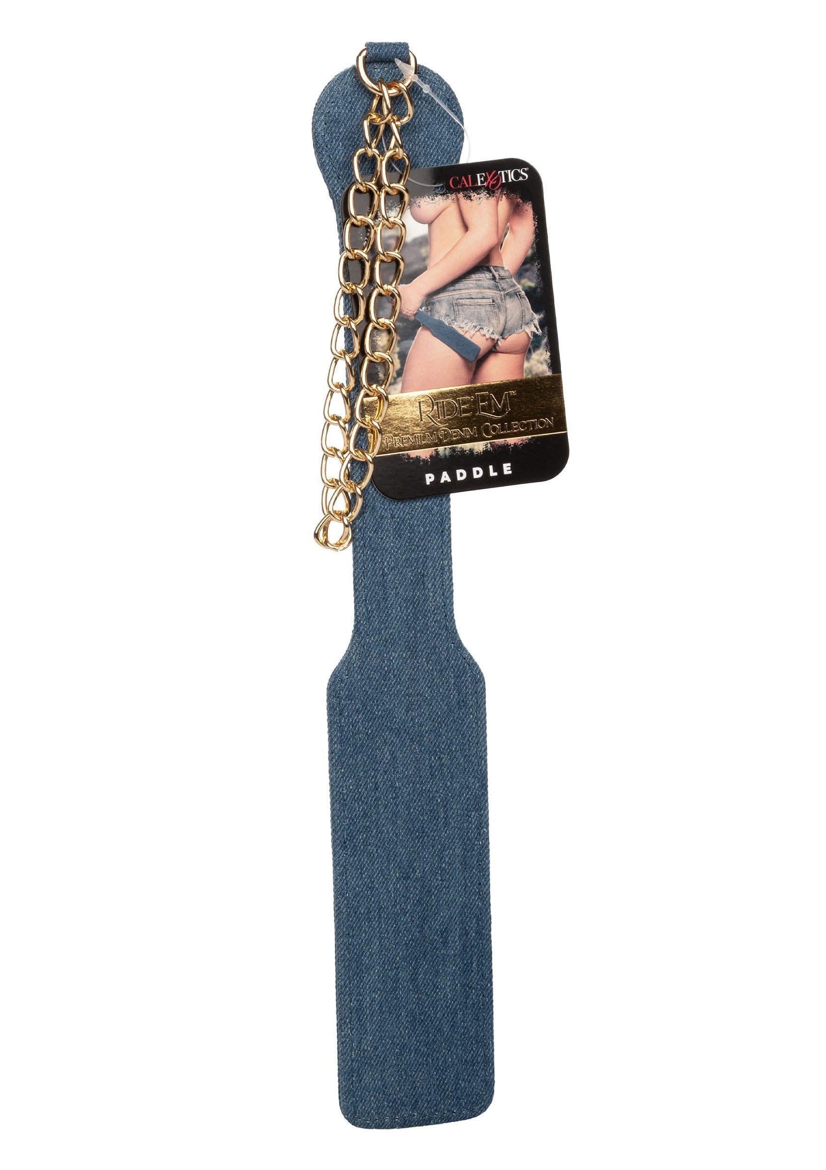 Palette de fessée en jean avec chaîne dorée.; Spanking paddle van denim met gouden ketting.; Denim spanking paddle with gold chain.