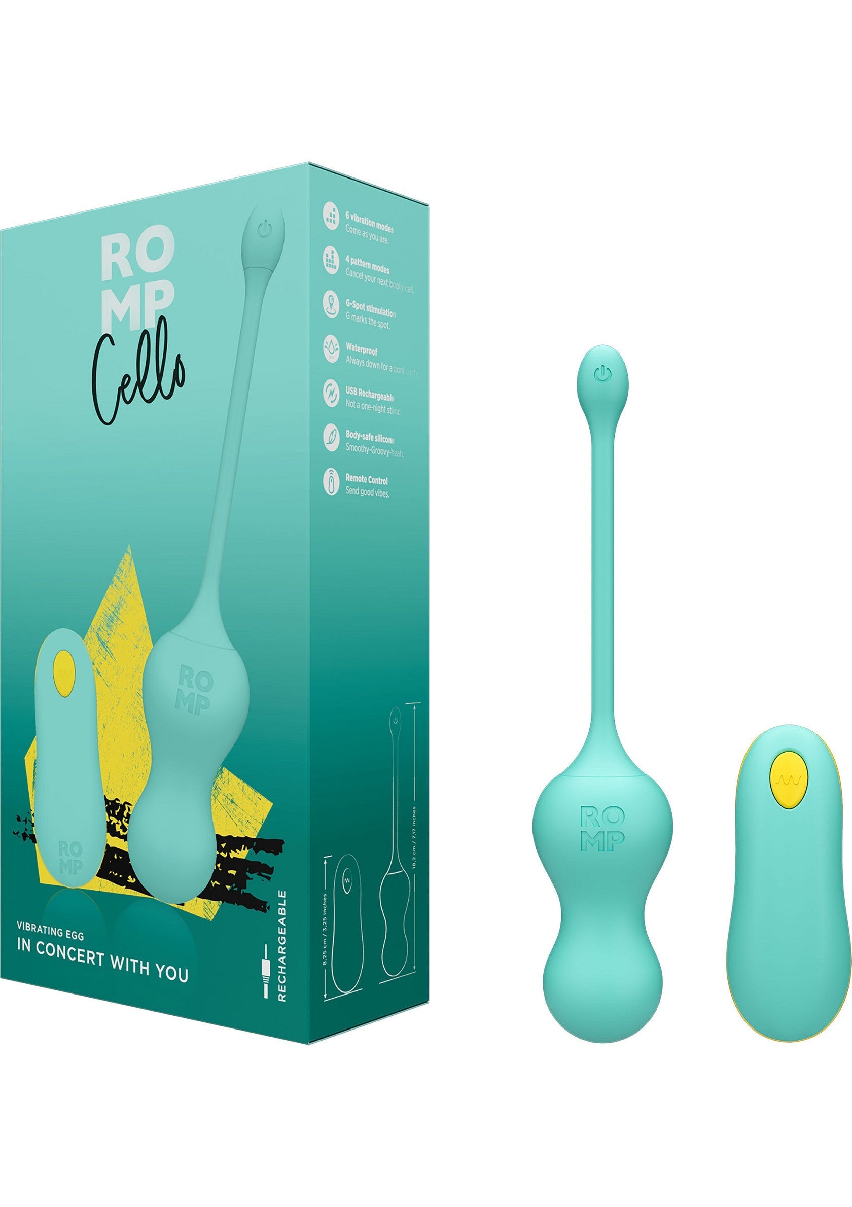 Coffret Romp Cello, vibromasseur de couple connecté bleu turquoise, pour des moments intimes amusants et excitants.; Romp Cello set, turquoise blauwe verbonden koppel vibrator, voor leuke en opwindende intieme momenten.; Romp Cello set, turquoise blue connected couple vibrator, for fun and exciting intimate moments.