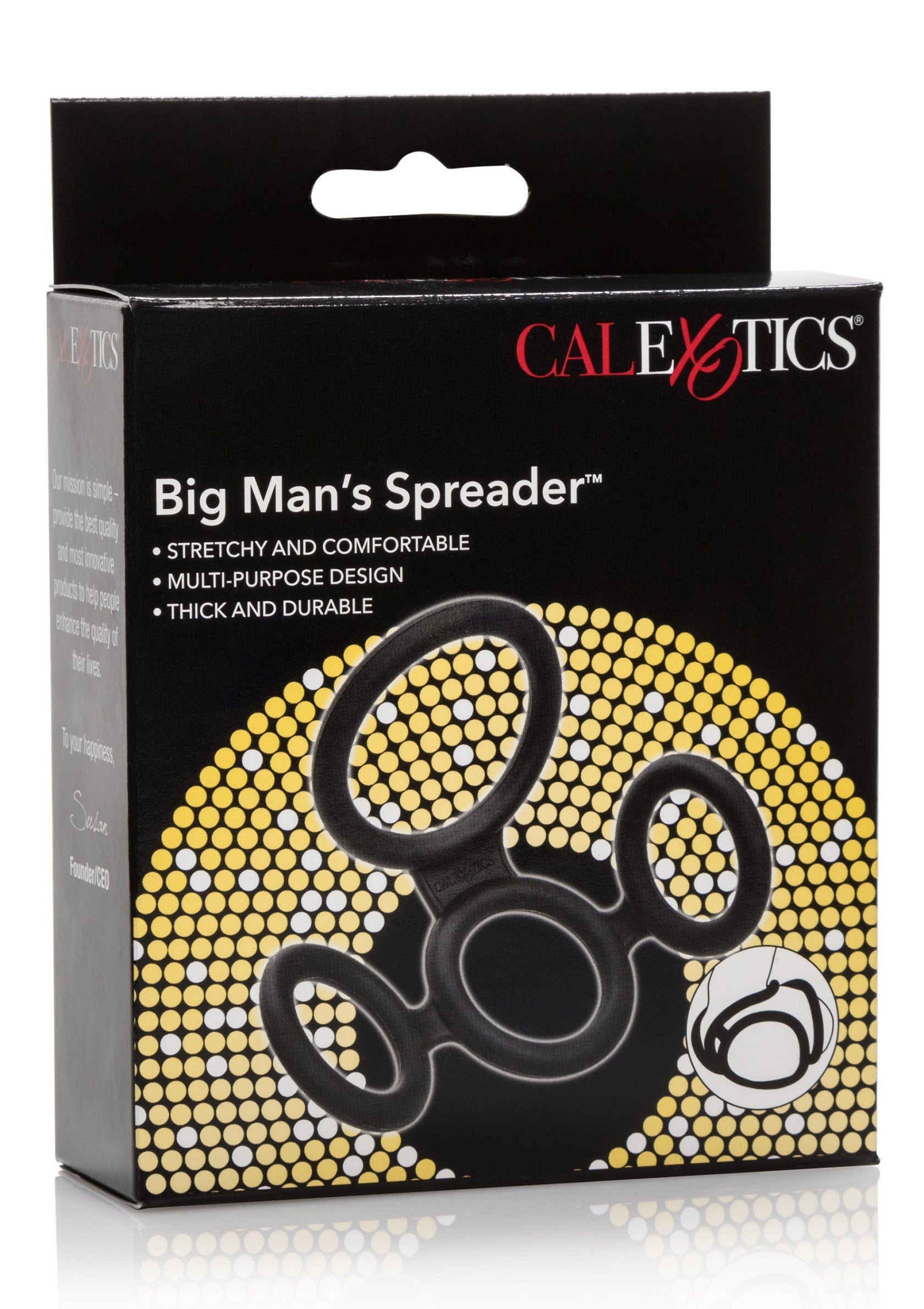 CalExotics Big Man's Spreader™, accessoire érectile extensible et confortable pour une expérience intense et durable.; CalExotics Big Man's Spreader™, rekbare en comfortabele erectie-accessoire voor een intense en langdurige ervaring.; CalExotics Big Man's Spreader™, stretchy and comfortable cockring for an intense and long-lasting experience.