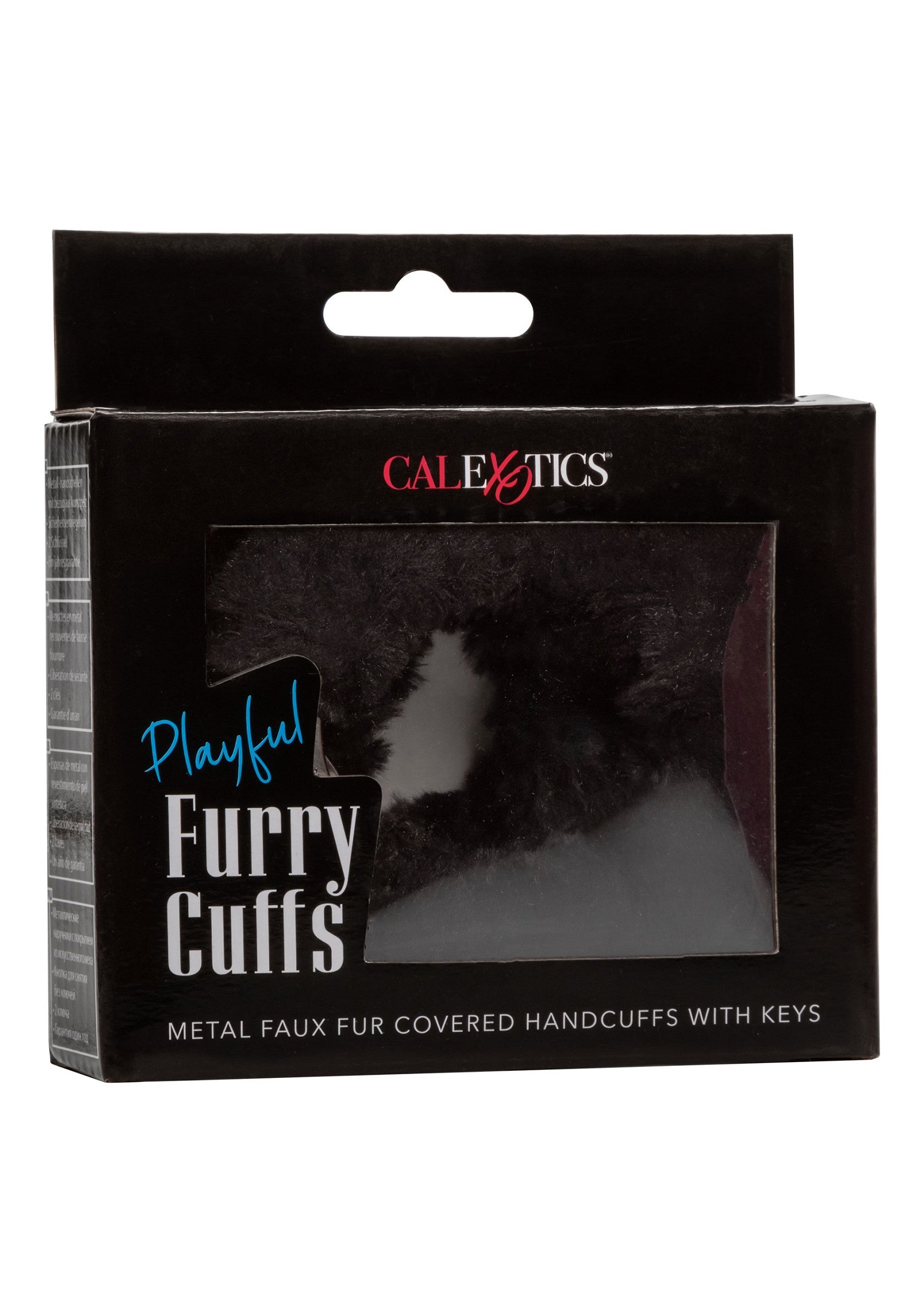 Menottes coquines en fausse fourrure noire Calexotics. Accessoire idéal pour jeux de rôle adultes. ; Speelse harige handboeien van Calexotics in zwart nepbont. Perfect accessoire voor volwassen rollenspellen.; Playful black faux fur furry cuffs by Calexotics. Perfect accessory for adult role-playing games. 
