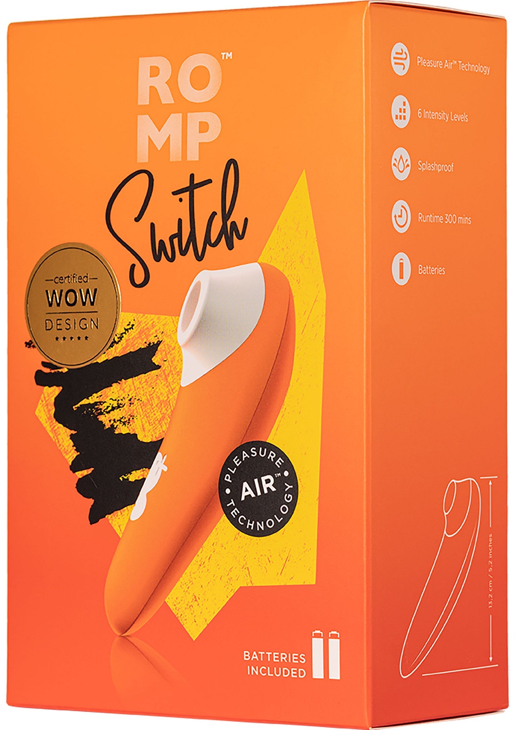 Boîte de Romp Switch, un sextoy orange avec technologie Pleasure Air. Batteries incluses. Design certifié WOW.; Romp Switch doos, een oranje seksspeeltje met Pleasure Air technologie. Inclusief batterijen. Gecertificeerd WOW design.; Romp Switch box, an orange sex toy with Pleasure Air technology. Batteries included. Certified WOW design.