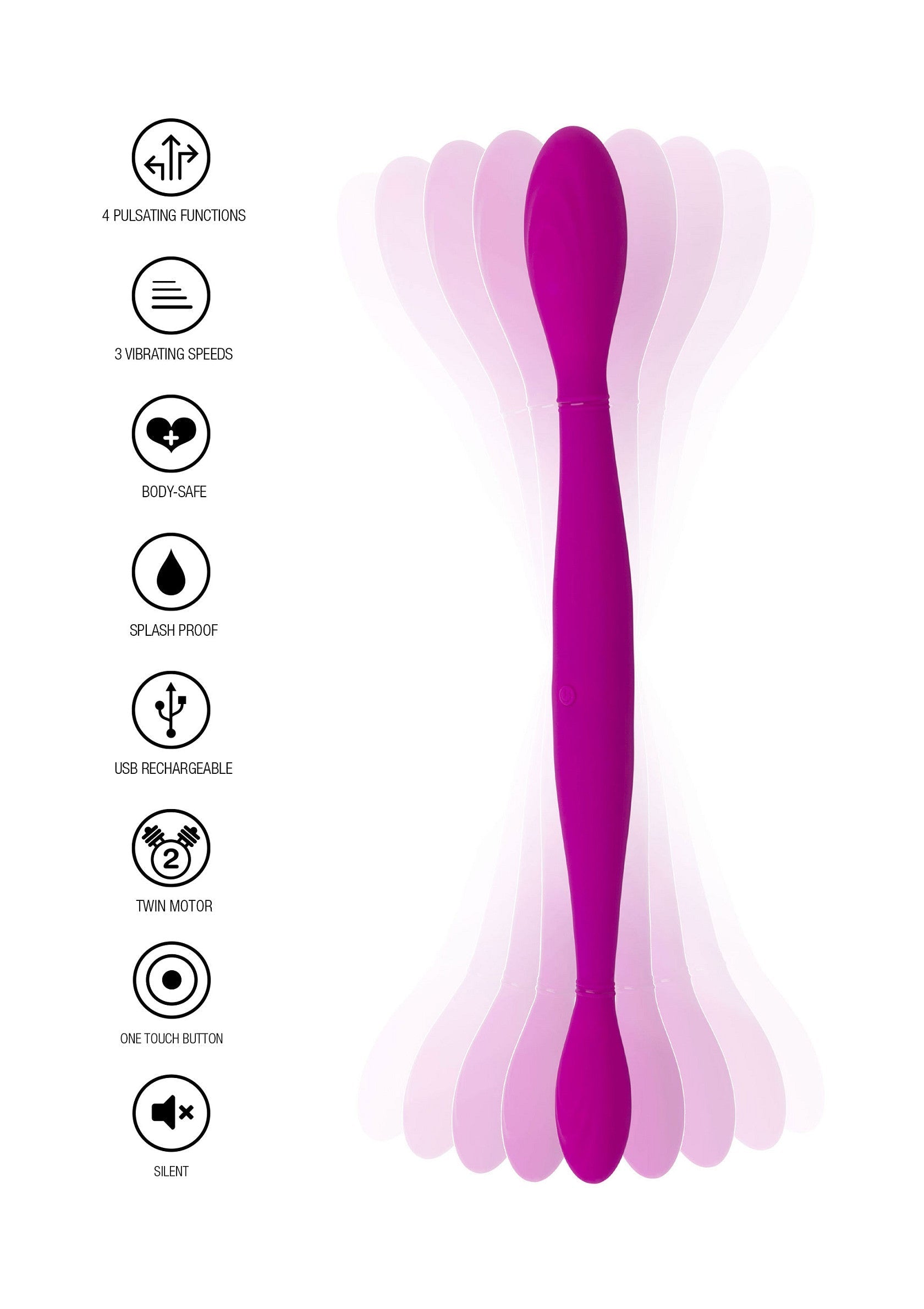 Masseur vibrant violet avec 4 modes de pulsations et 3 vitesses. USB rechargeable, étanche et silencieux.; Paarse vibrerende stimulator met 4 pulsatiestanden en 3 snelheden. USB oplaadbaar, spatwaterdicht en stil.; Purple vibrating massager with 4 pulsation modes and 3 speeds. USB rechargeable, splashproof and silent.