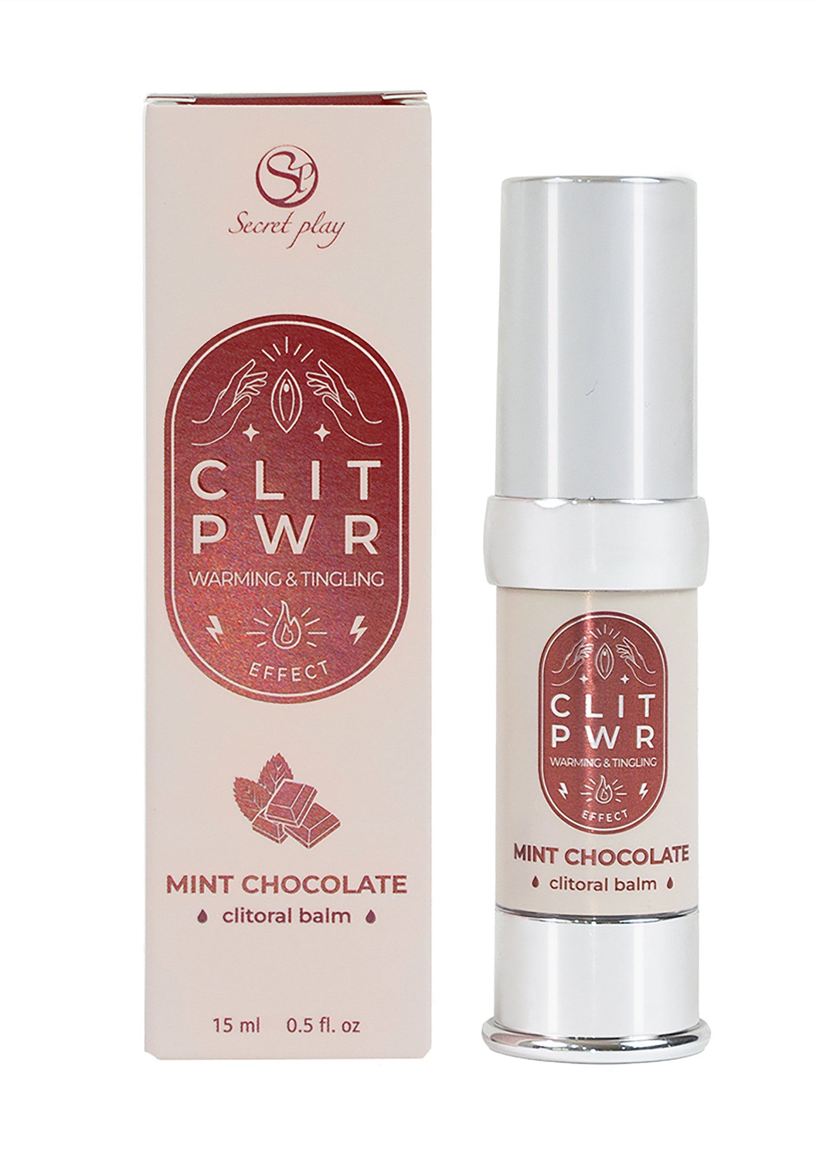 Baume clitoridien Secret Play Clit PWR Chocolat Menthe. Effet chauffant et picotant. 15ml.; Secret Play Clit PWR Mint Chocolate clitorisbalsem. Verwarmend en tintelend effect. 15ml.; Secret Play Clit PWR Mint Chocolate clitoral balm. Warming & tingling effect. 15ml.