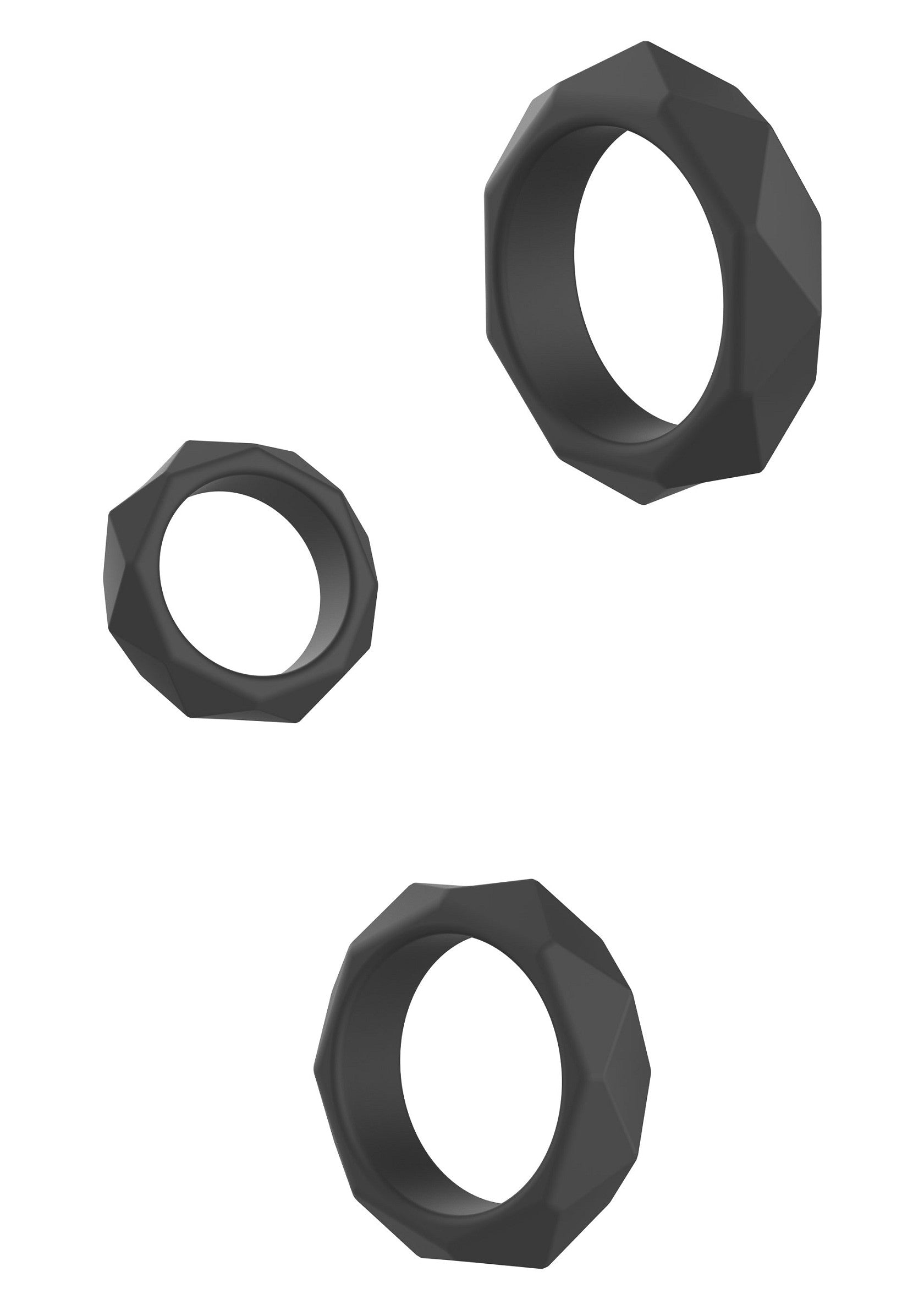 Ensemble de trois bagues octogonales noires, élégantes et modernes pour tous les styles.; Set van drie zwarte achthoekige ringen, stijlvol en modern voor elke stijl.; Set of three black octagonal rings, stylish and modern for any style.