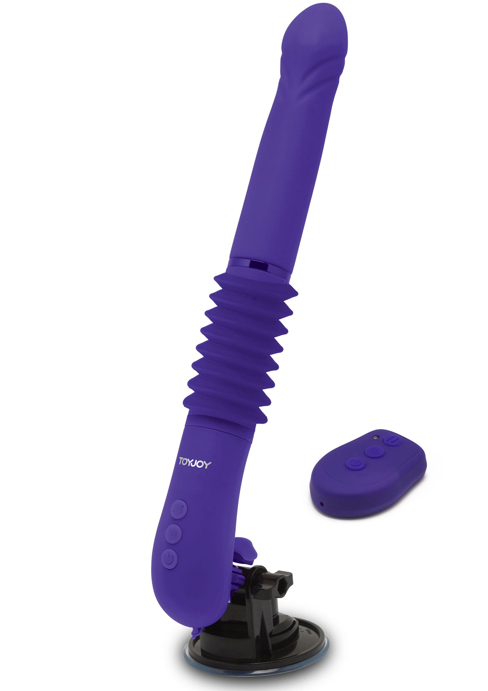 Vibromasseur violet avec ventouse et télécommande sans fil. Plaisir garanti!; Paarse vibrator met zuignap en draadloze afstandsbediening. Gegarandeerd plezier!; Purple vibrator with suction cup & wireless remote. Pleasure guaranteed!