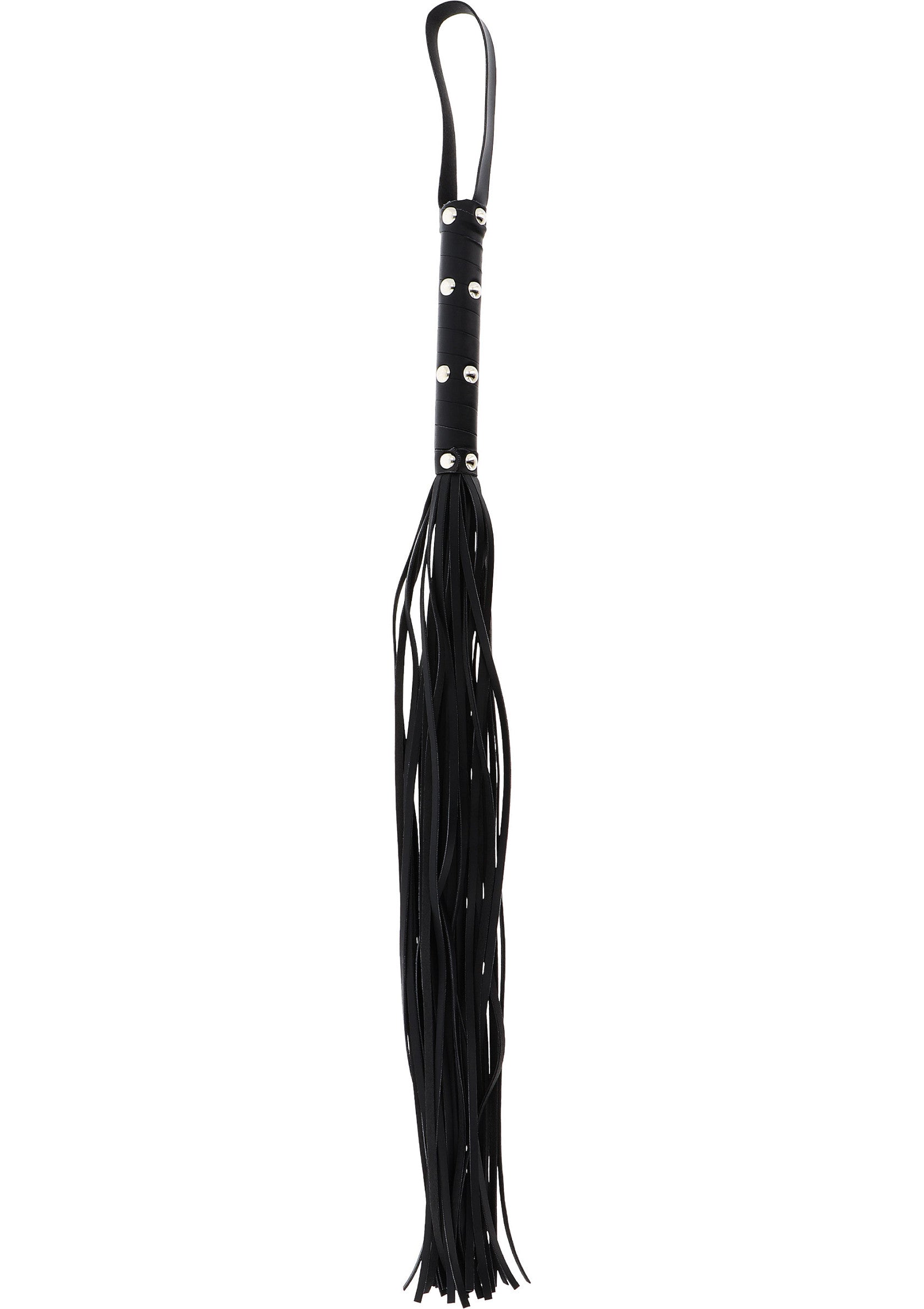 Cravache noire en cuir avec franges pour jeux coquins. Accessoire fétichiste pour adultes.; Zwarte leren zweep met franjes voor ondeugende spelletjes. Fetisj accessoire voor volwassenen.; Black leather flogger with fringes for kinky games. Adult fetish accessory.