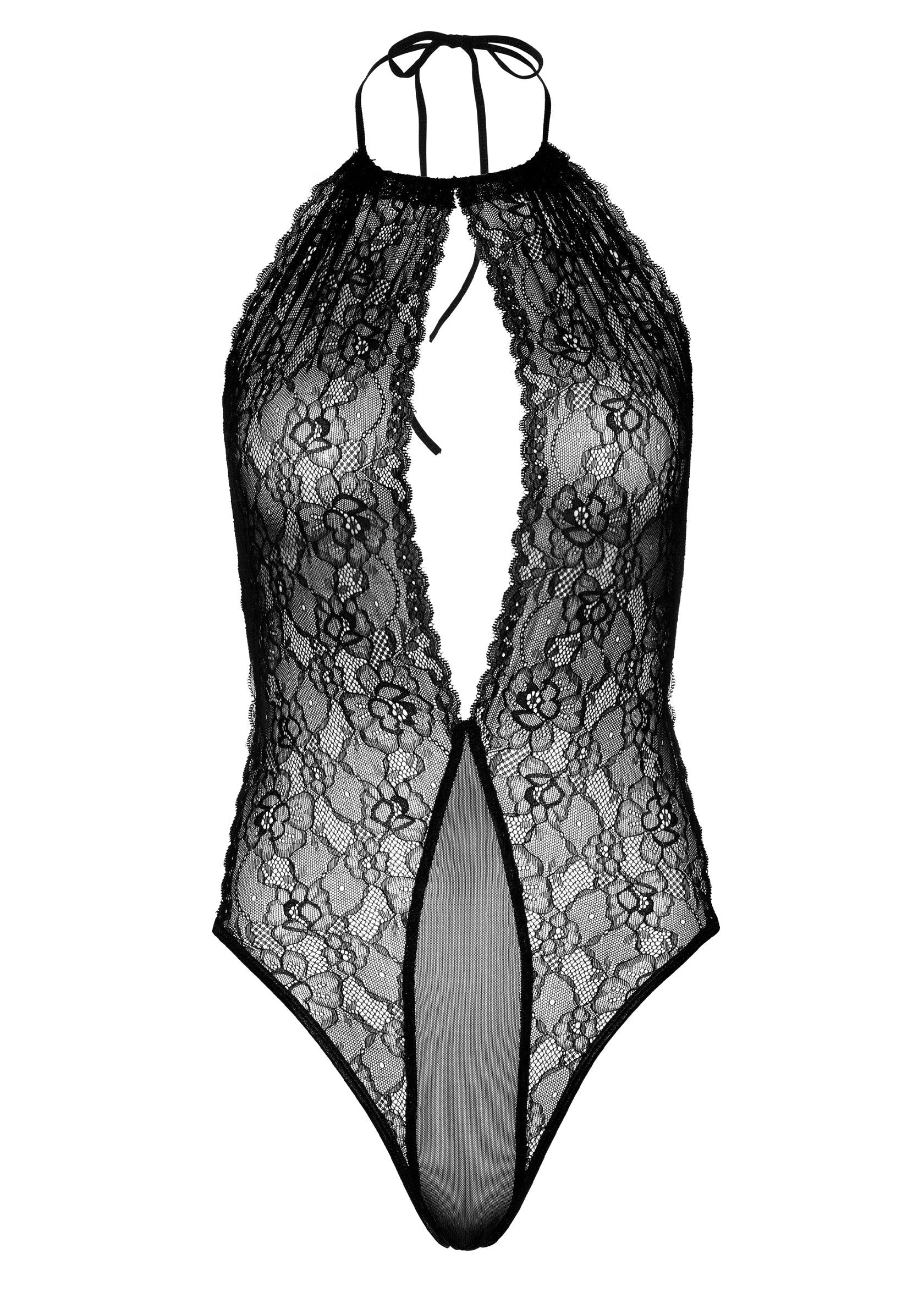 Body en dentelle noire avec col licou et dos nu. Lingerie sexy et élégante pour une nuit spéciale.; Zwarte kanten body met halternek en open rug. Sexy en elegant lingerie voor een speciale nacht.; Black lace bodysuit with halter neck and open back. Sexy and elegant lingerie for a special night.