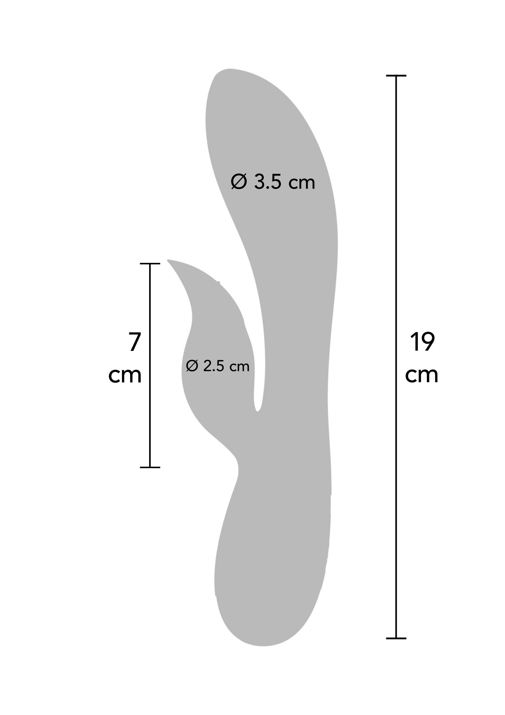 Schéma avec dimensions d'un vibromasseur. Taille : 19 cm. Idéal pour le plaisir personnel. ; Diagram met afmetingen van een vibrator. Afmeting: 19 cm. Ideaal voor persoonlijk plezier.; Diagram with measurements of a vibrator. Size: 19 cm. Ideal for personal pleasure.
