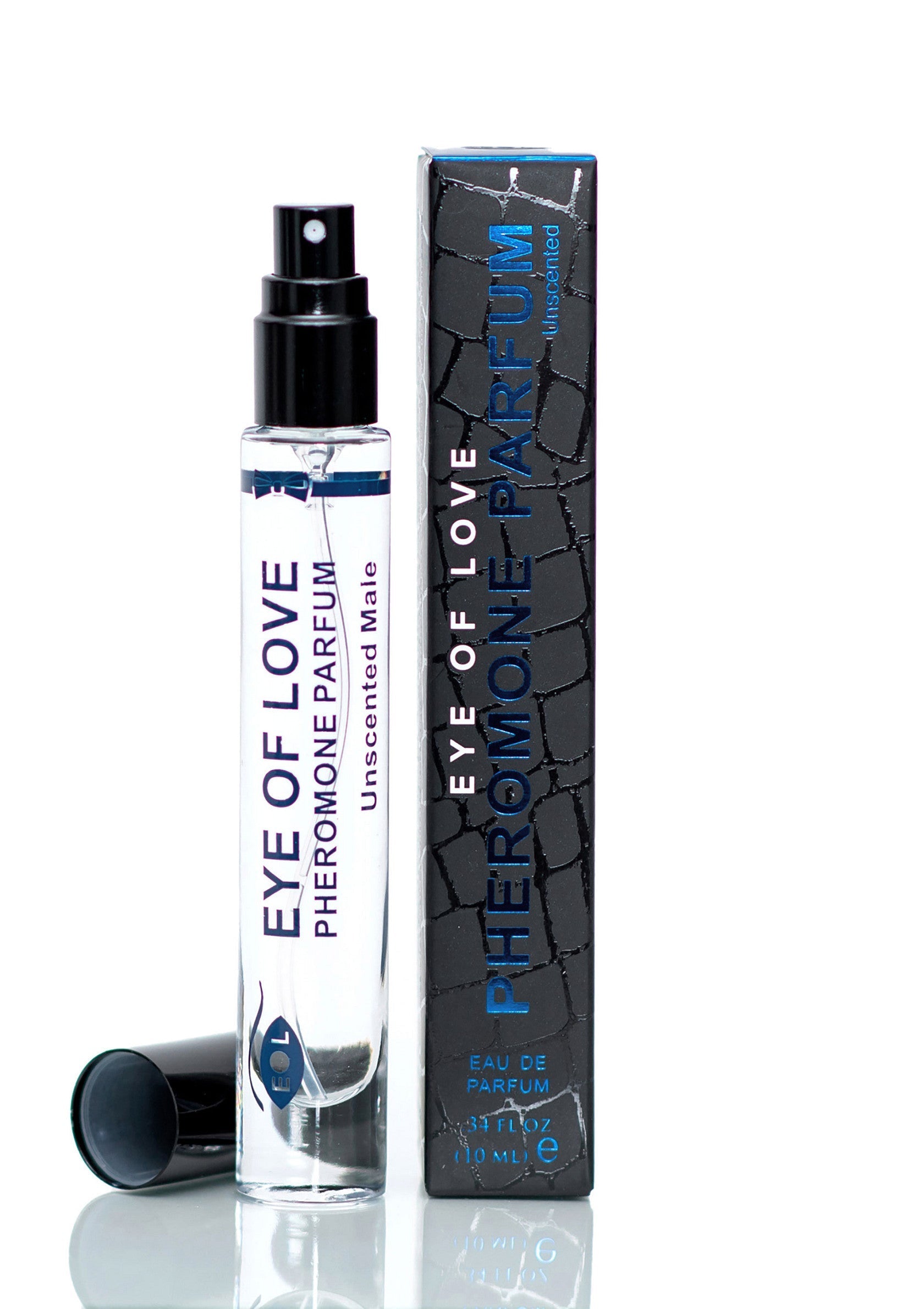 Parfum aux phéromones pour homme Eye of Love non parfumé en flacon et emballage élégant.; Eye of Love feromoon parfum voor mannen, ongeparfumeerd, in flacon en elegante verpakking.; Eye of Love pheromone perfume for men, unscented, in elegant bottle and packaging.