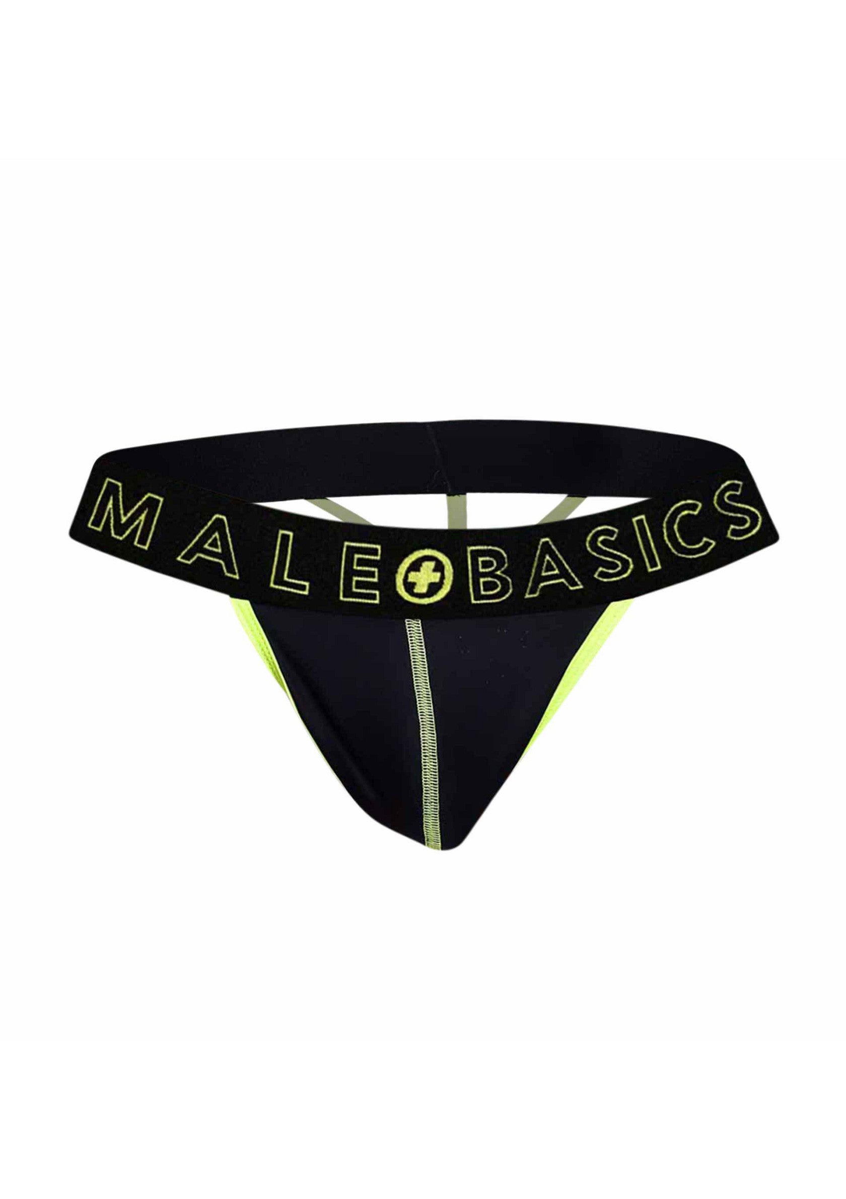 Jockstrap noir et jaune 'Male Basics' pour homme, parfait pour le sport ou le confort quotidien.; Zwarte en gele 'Male Basics' jockstrap voor heren, perfect voor sport of dagelijks comfort.; Black and yellow 'Male Basics' jockstrap for men, perfect for sports or everyday comfort.