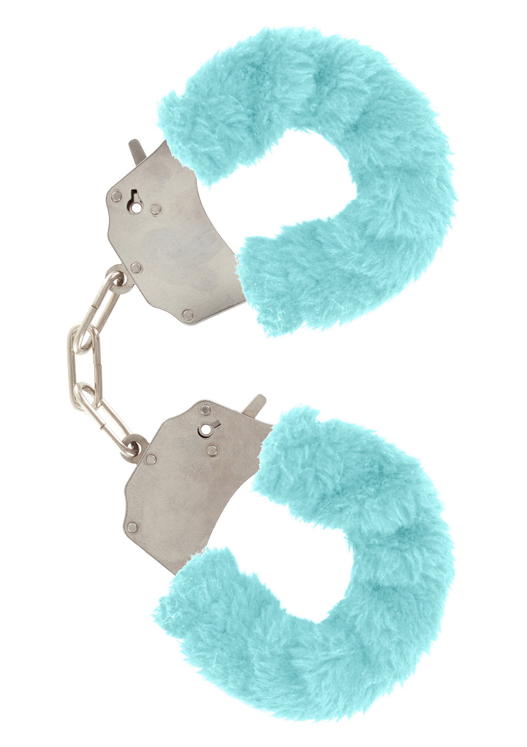 Menottes en fourrure bleu clair. Accessoire coquin parfait pour pimenter votre vie amoureuse.; Lichtblauwe pluche handboeien. Het perfecte ondeugende accessoire om je liefdesleven mee op te fleuren.; Light blue furry handcuffs. The perfect naughty accessory to spice up your love life.