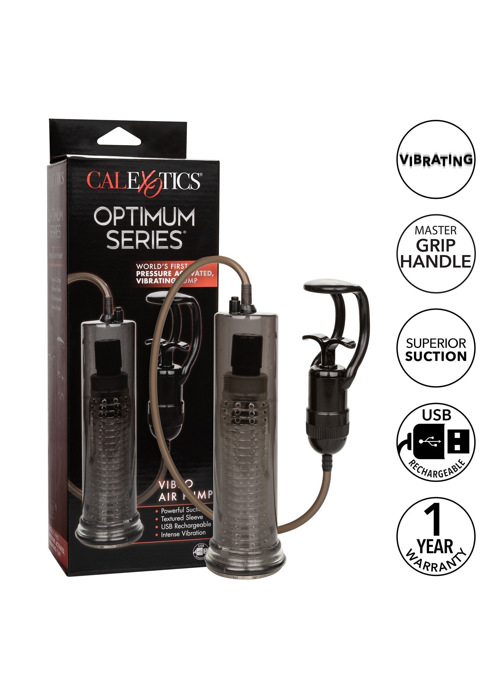CalExotics Optimum Series Vibo Air Pump : Pompe à pénis vibrante, rechargeable par USB et avec garantie d'un an.; CalExotics Optimum Series Vibo Air Pump: Vibrerende penis pomp, USB-oplaadbaar en met 1 jaar garantie.; CalExotics Optimum Series Vibo Air Pump: Vibrating penis pump, USB rechargeable and with 1 year warranty.