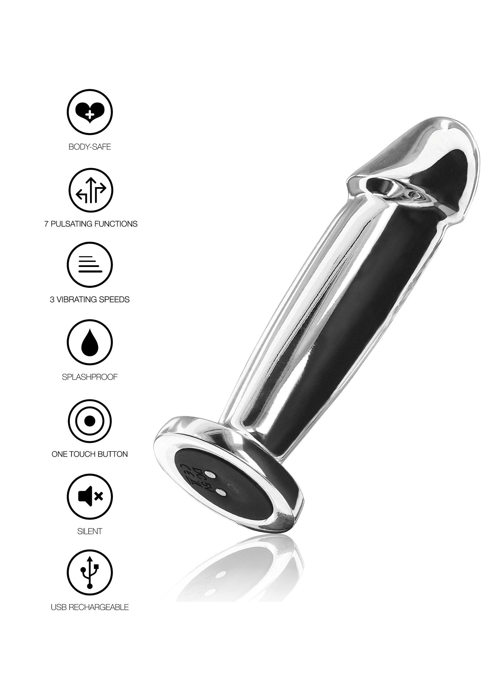 Plug anal vibrant en acier, 7 fonctions, 3 vitesses, rechargeable USB et étanche.; Vibrerende anale plug van staal, 7 functies, 3 snelheden, USB oplaadbaar en spatwaterdicht.; Vibrating steel anal plug, 7 functions, 3 speeds, USB rechargeable and splashproof.