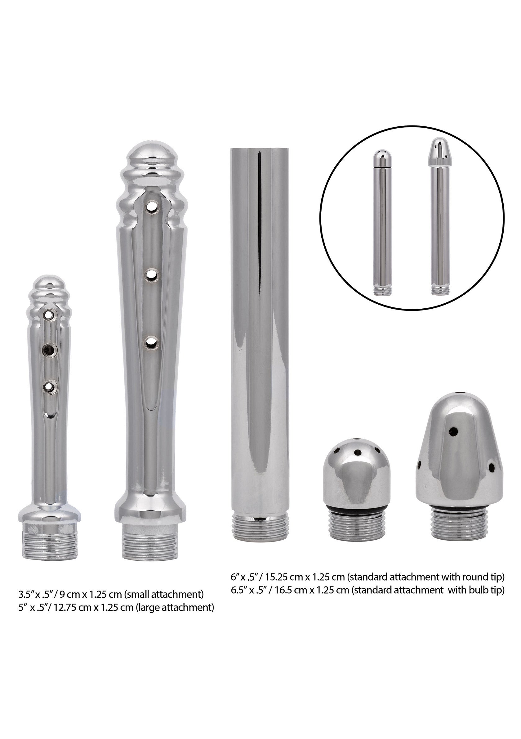 Accessoires en métal chromé de différentes tailles pour une expérience personnalisée.; Gegroomde metalen accessoires in verschillende maten voor een persoonlijke ervaring.; Chrome metal attachments in varying sizes for a personalized experience.