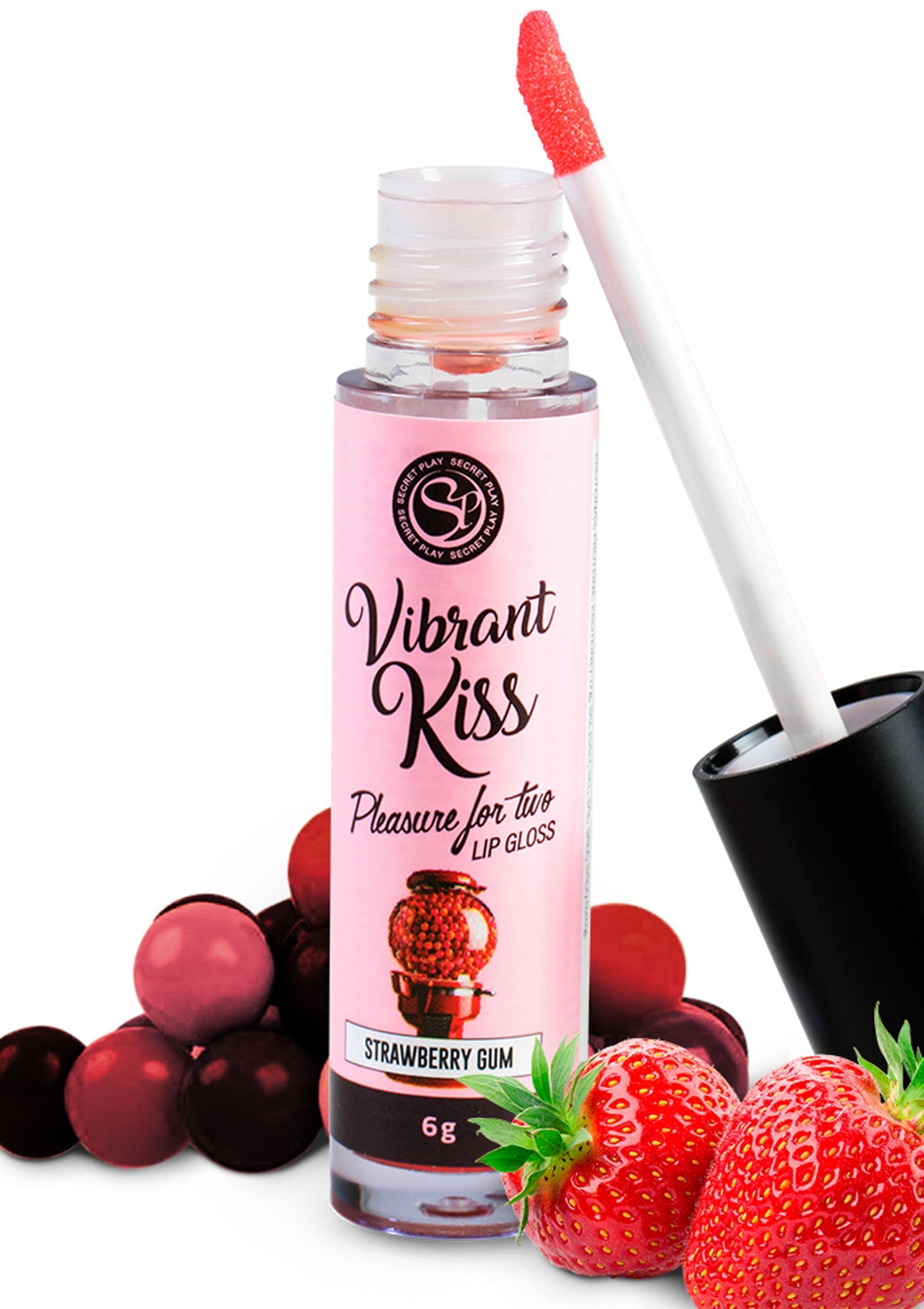 Gloss à lèvres Vibrant Kiss saveur Fraise, pour des lèvres douces et sensuelles. ; Vibrant Kiss lippenstift met aardbeiensmaak voor zachte, sensuele lippen.; Vibrant Kiss Strawberry Gum flavored lip gloss for soft, sensual lips.
