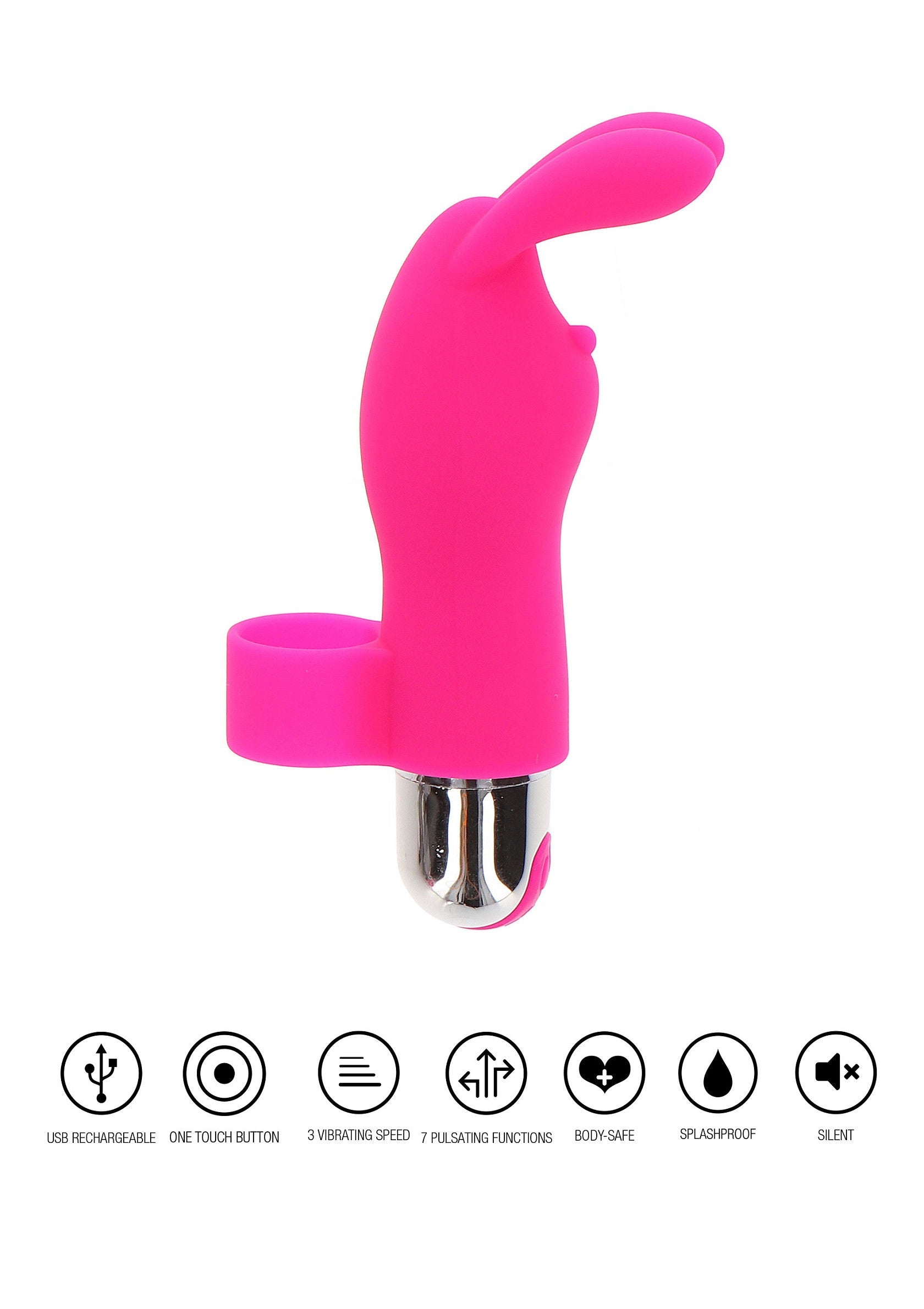 Vibromasseur lapin rose rechargeable USB, étanche et silencieux. 7 modes de vibration.; Roze USB oplaadbare vibrator in konijnvorm, waterdicht en stil. 7 vibratiestanden.; Pink USB rechargeable bunny vibrator, waterproof and silent. 7 vibrating speeds.