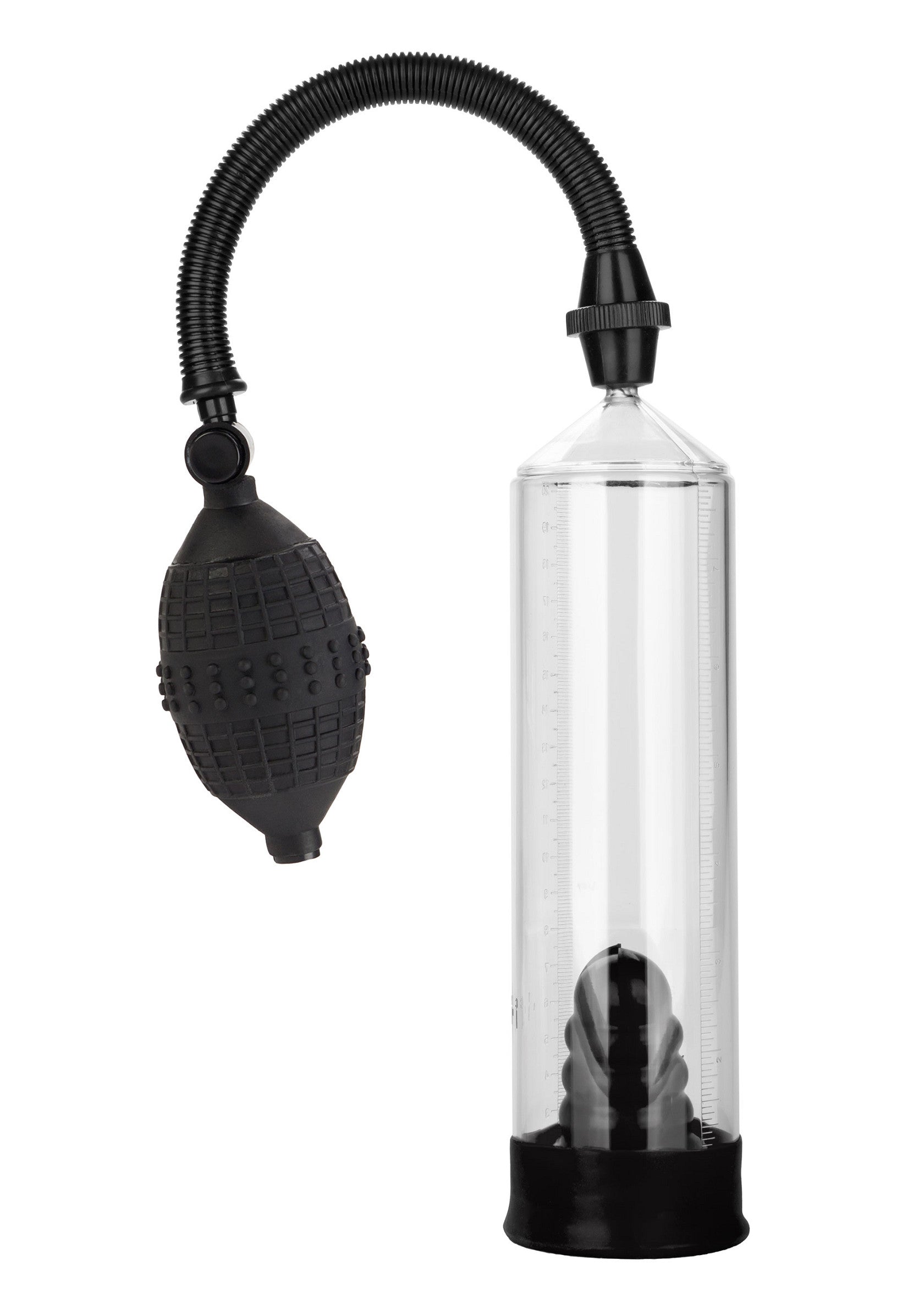 Pompe à pénis avec poire en caoutchouc et cylindre transparent gradué pour le plaisir masculin.; Penis pomp met rubberen peer en transparante maatcilinder voor mannelijk genot.; Penis pump with rubber bulb and transparent graduated cylinder for male pleasure.