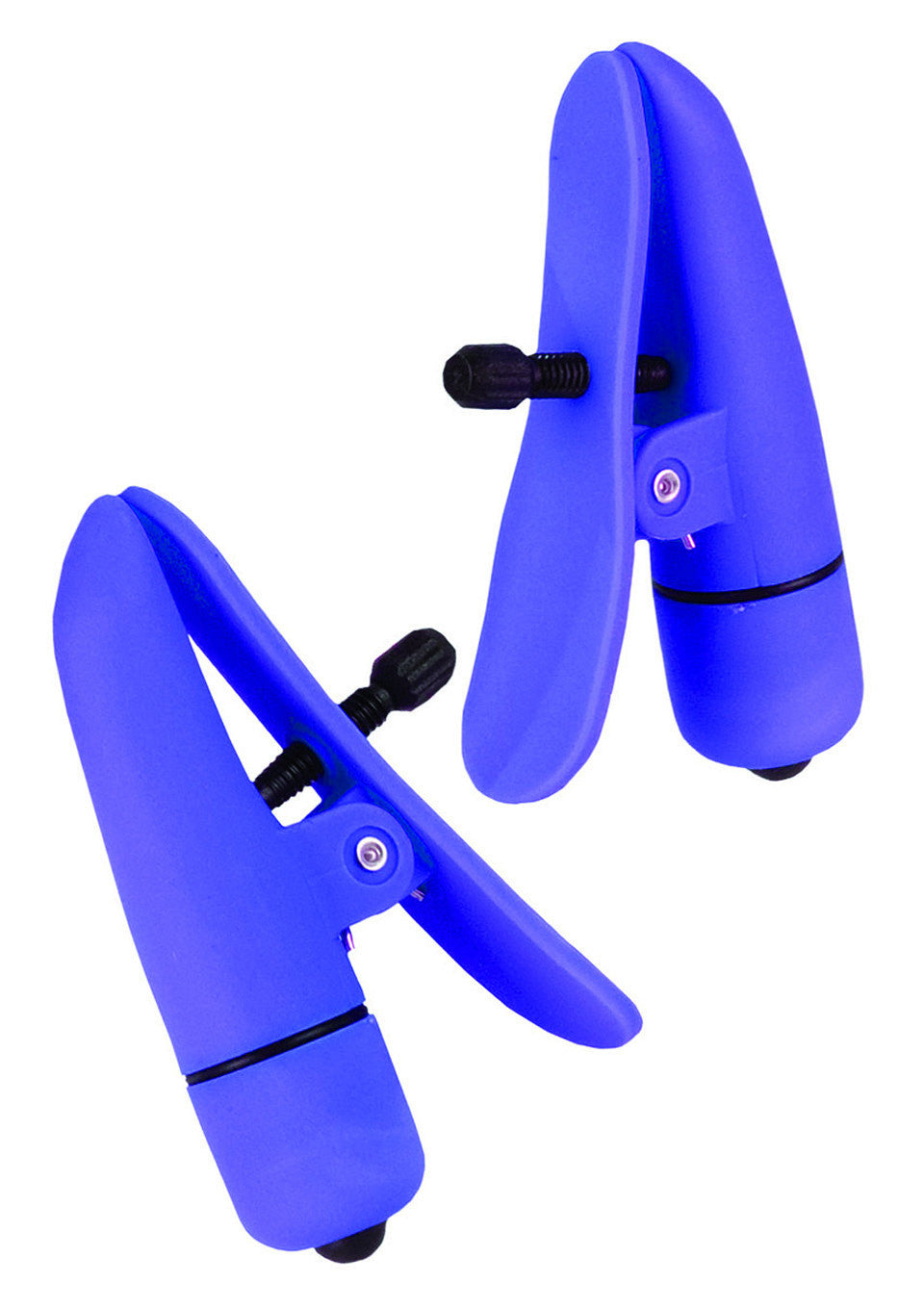 Pinces à tétons vibrantes bleues pour une stimulation intense et ajustable.; Blauwe vibrerende tepelklemmen voor intense en aanpasbare stimulatie.; Blue vibrating nipple clamps for intense, adjustable stimulation.