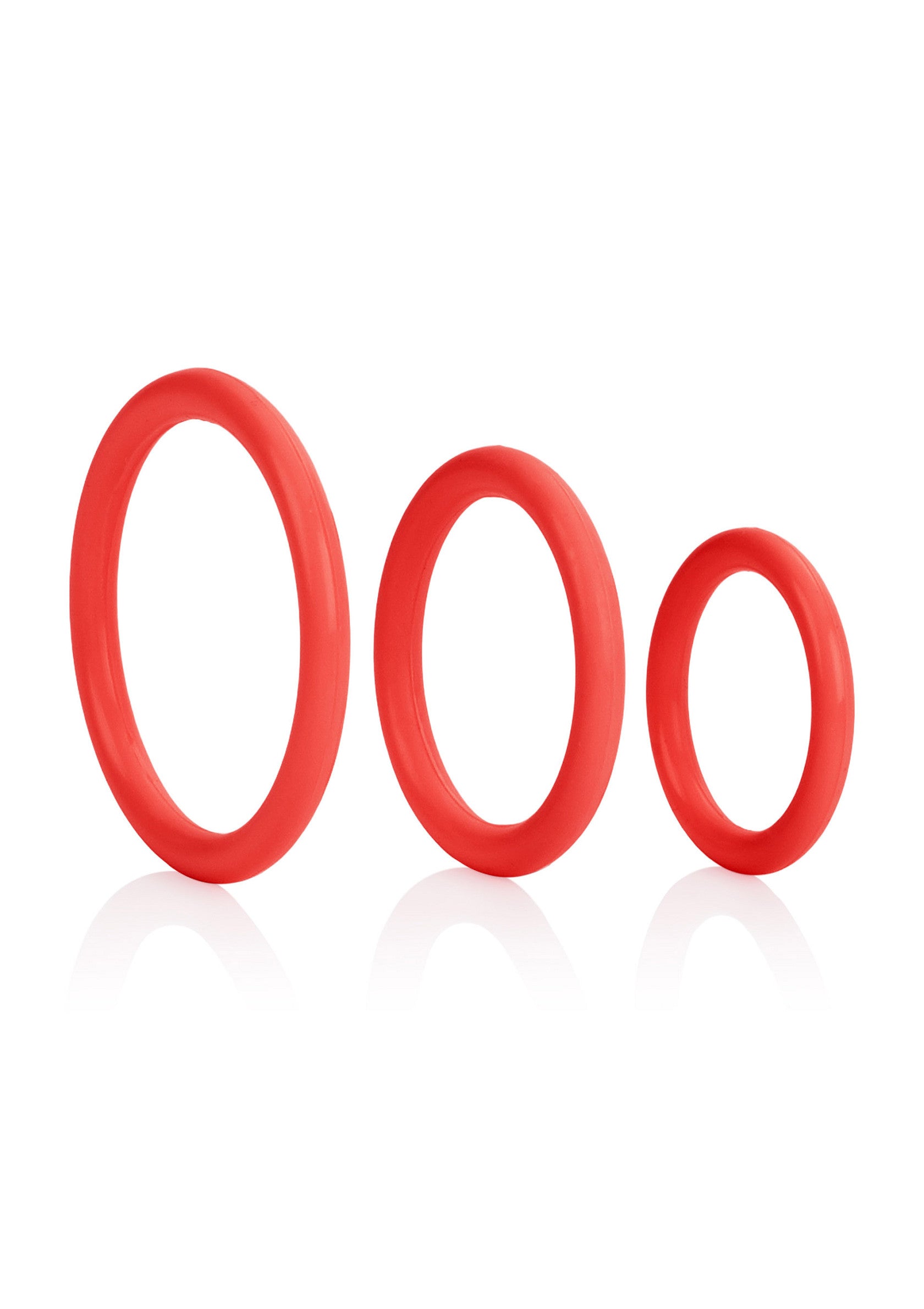 Ensemble de 3 anneaux péniens rouges pour plus de plaisir et de performances.; Set van 3 rode penisringen voor meer plezier en prestaties.; Set of 3 red cock rings for enhanced pleasure and performance.